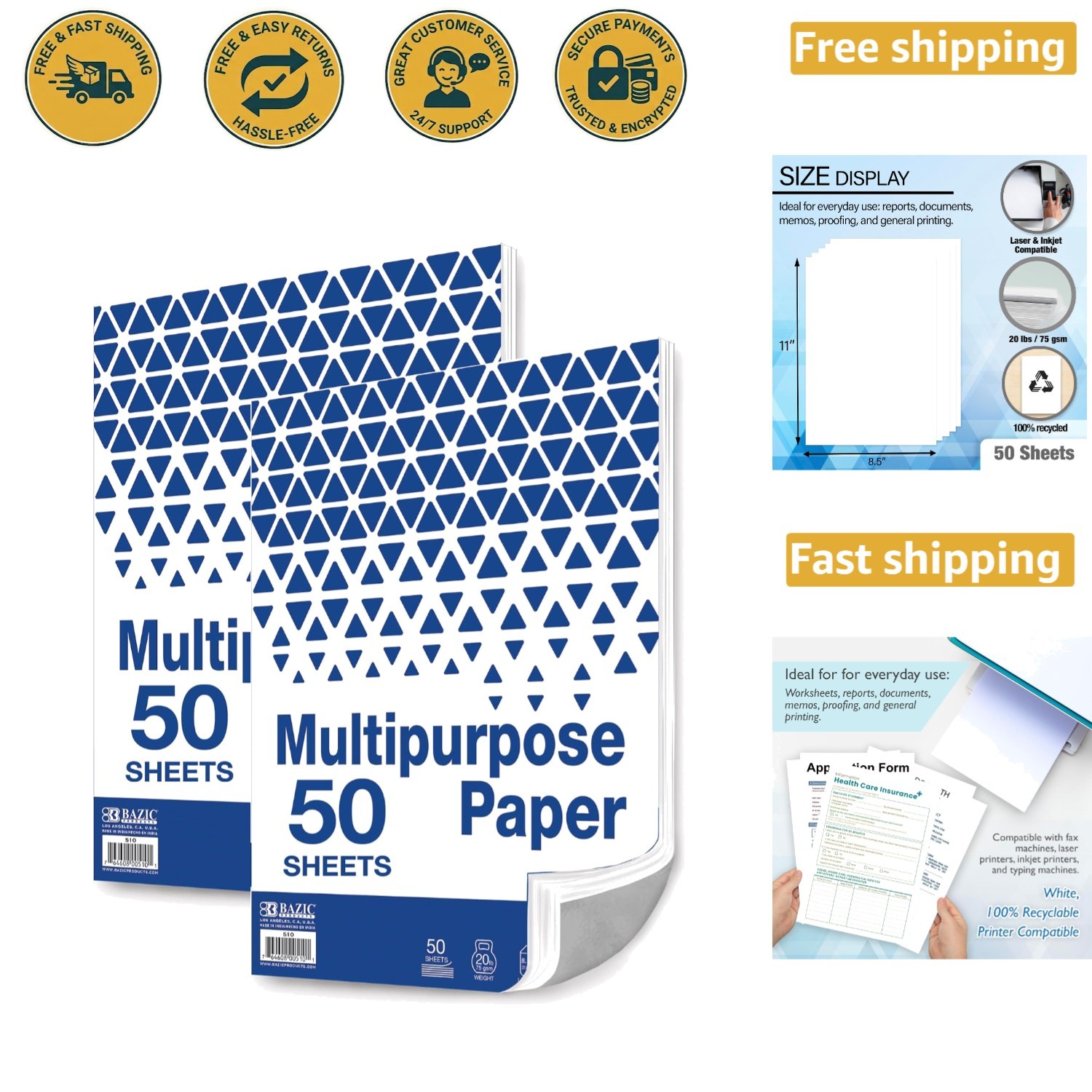 High-Quality 20lb White Multipurpose Paper, 50 Sheets for Everyday Printing