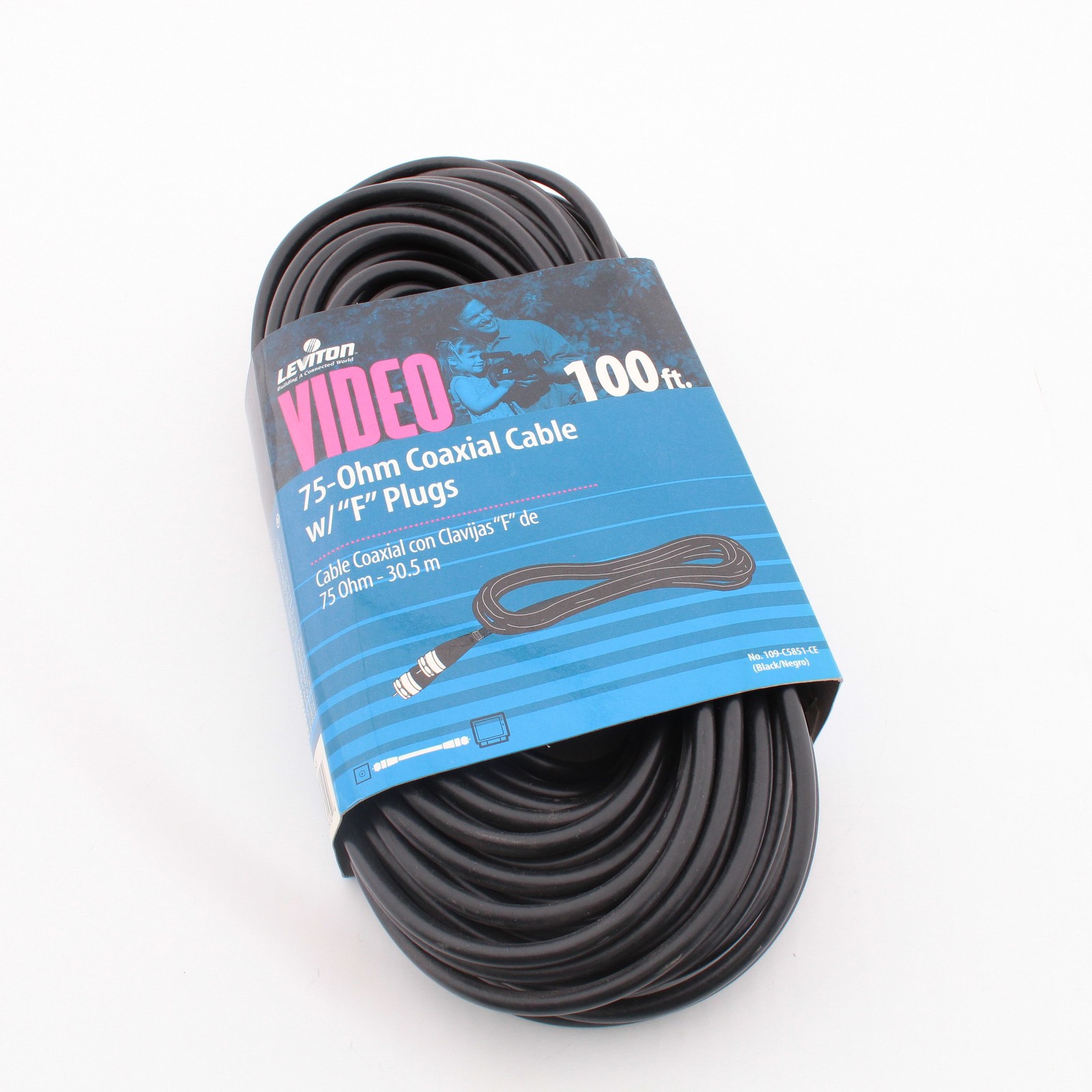 Leviton Black 100' Coaxial Video Cable RG59 Plugs 75-Ohm F-Type Wire C5851-CE