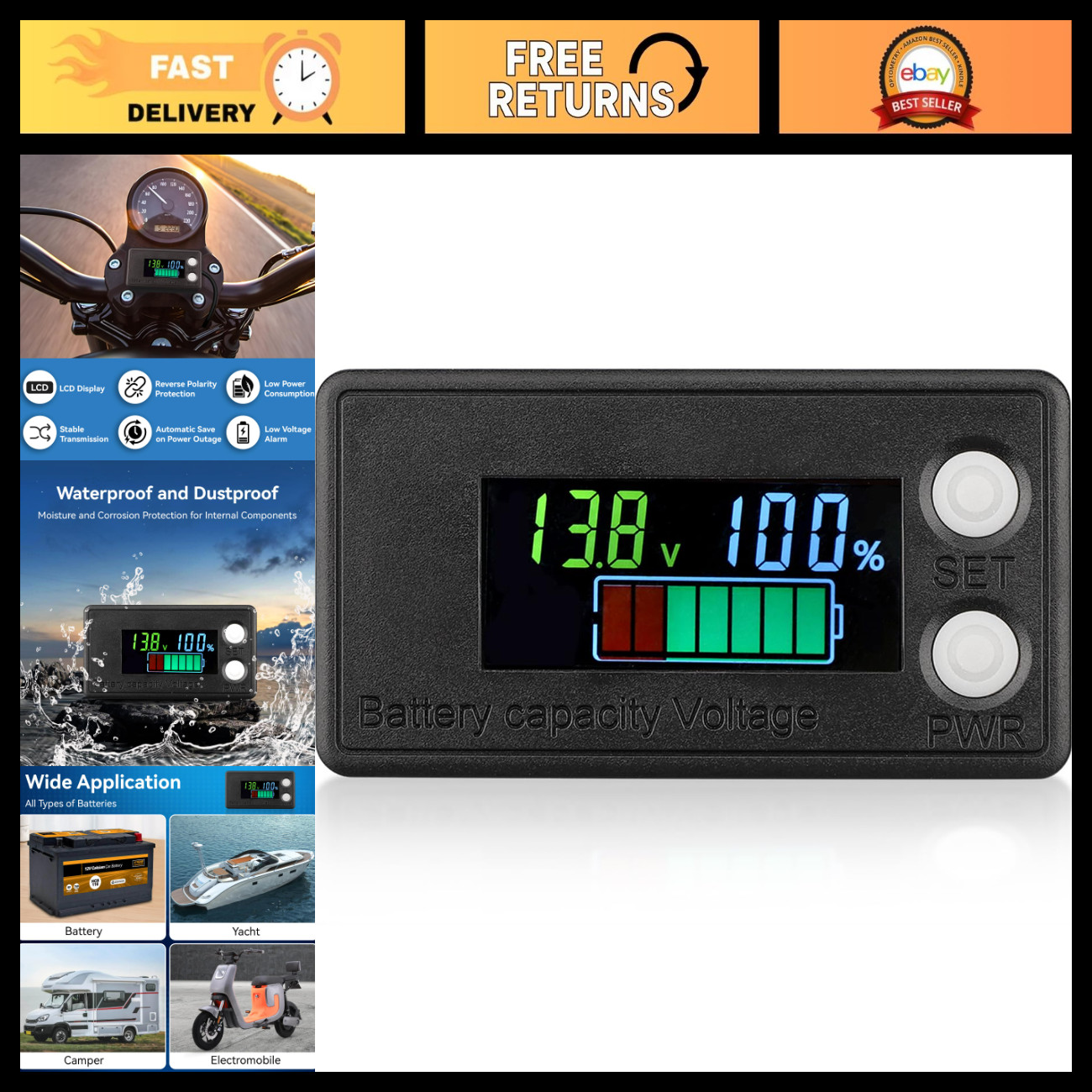 Waterproof Battery Monitor 12V-72V, LCD Display Capacity Tester for Car RV Marin