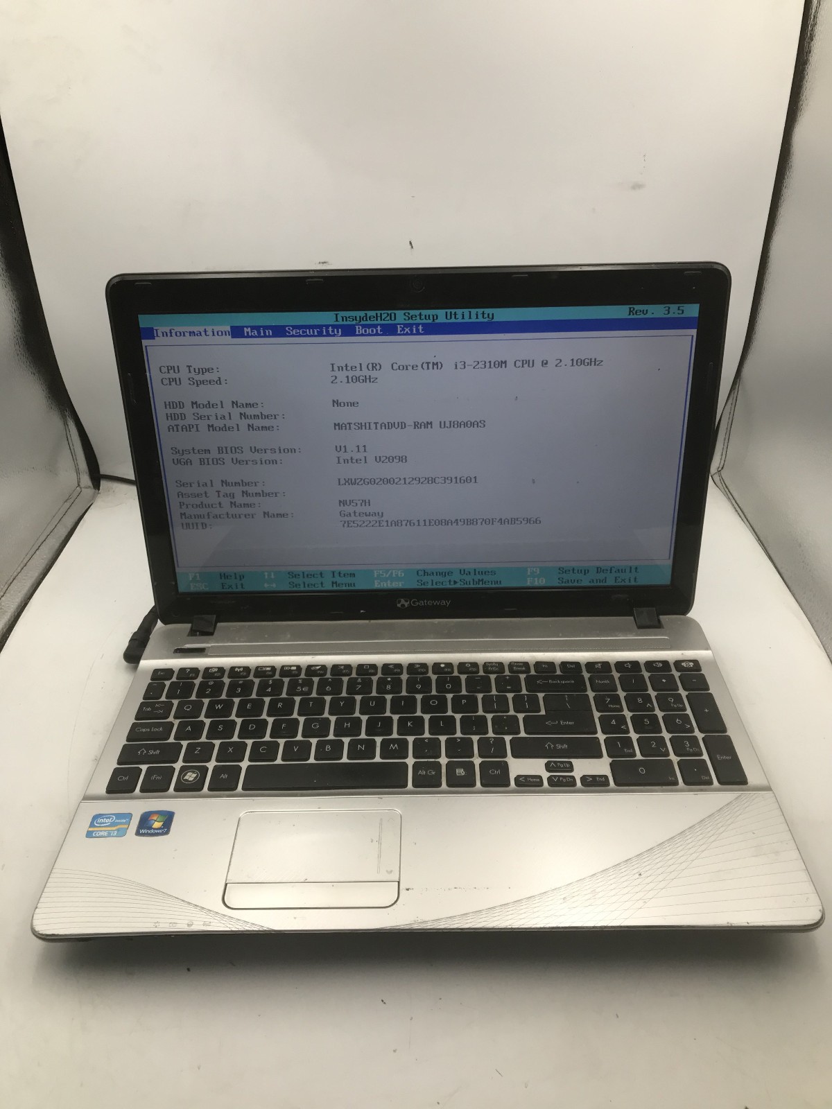 GATEWAY NV57H37U - BOOTS TO BIOS - INTEL I3 2310M - NO RAM - READ DESCRIP - BB