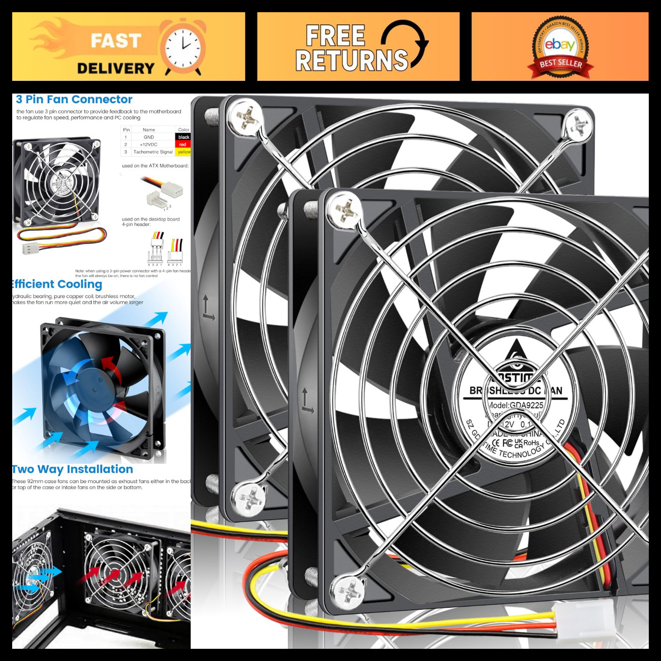 92mm x 25mm 12V DC Brushless Cooling Fans for PC Case - 2-Pack High Airflow