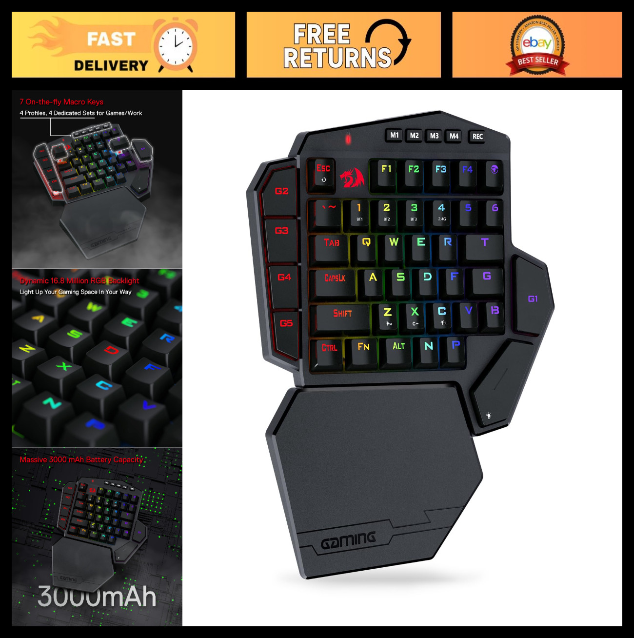 Wireless One-Handed RGB Gaming Keypad, 42-Key Layout, Mechanical Feel, Customiza