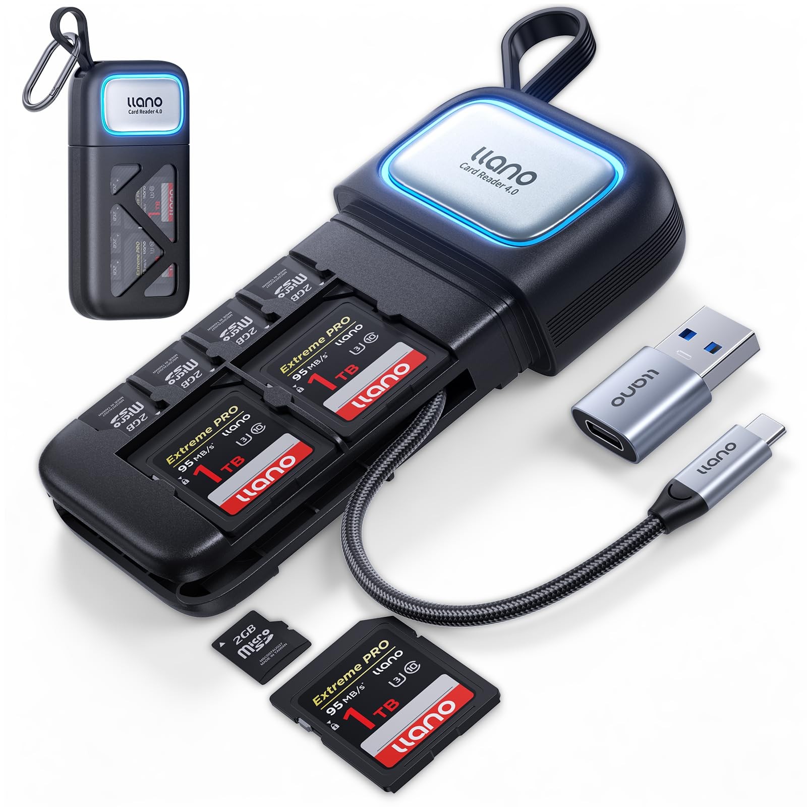 llano High Speed SD/Micro SD 4.0 Card Reader Holder Case, USB 3.2 Gen1 Black