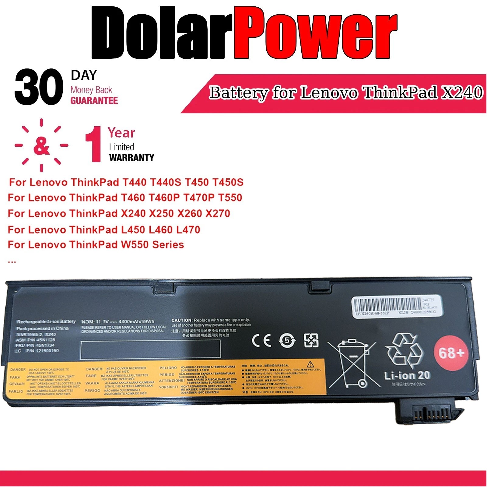 Lot 68+ 45N1775 Battery For Lenovo Thinkpad X240 T440 T450 T460 T470P T550 L450