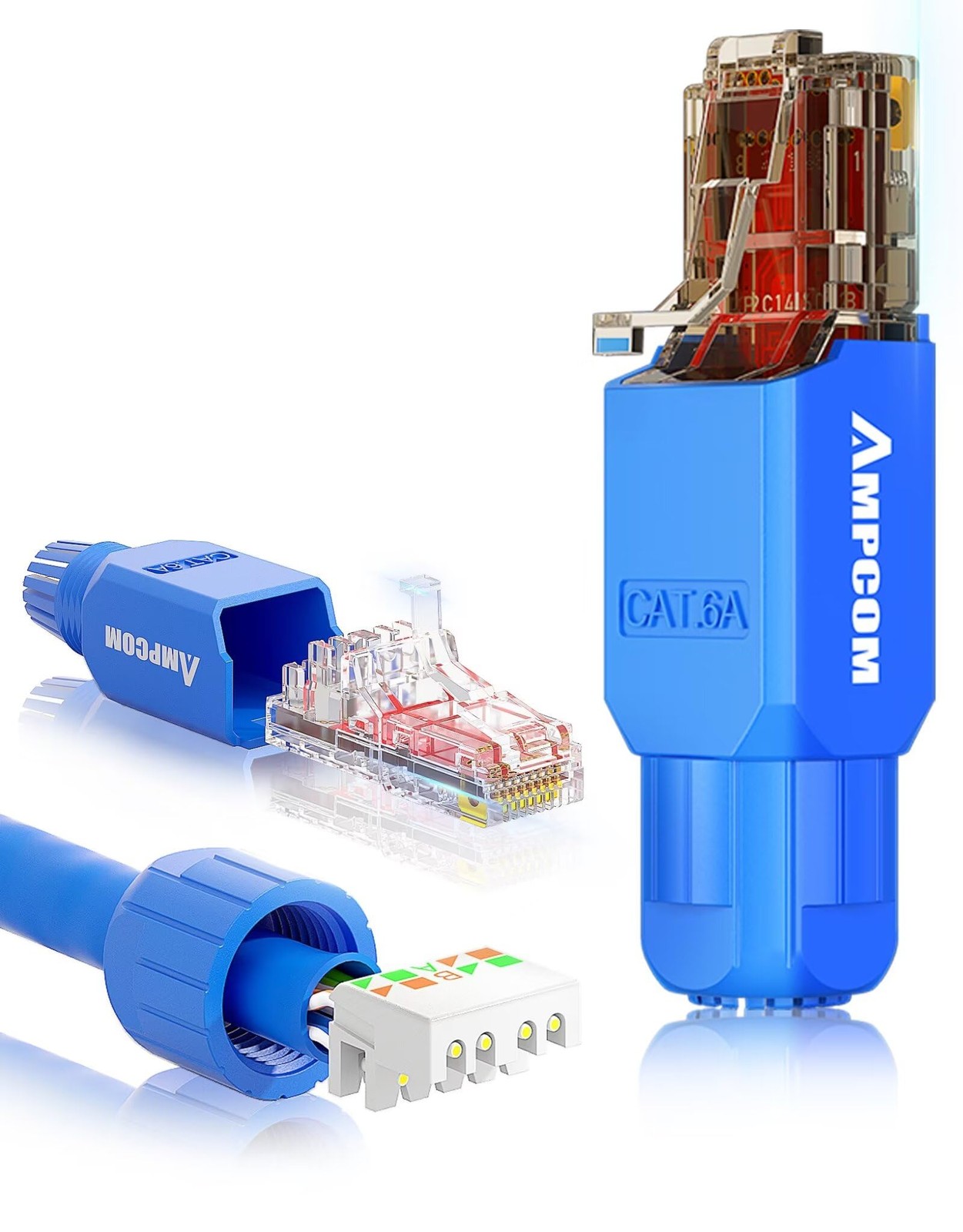 12 PCS RJ45 Connector Tool Free Field Termination Modular Plug Cat6A Blue Ext