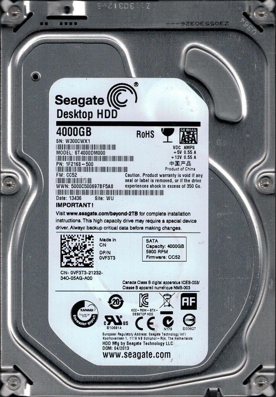 Seagate ST4000DM000 P/N: 1F2168-500 F/W: CC52 WU W30 4TB