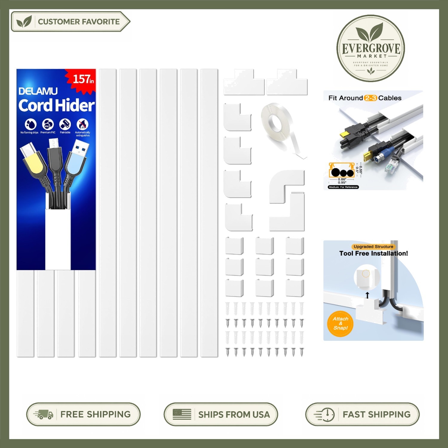 Cable Management White Wall Covers - 157in Durable PVC Hider for Pets & Kids