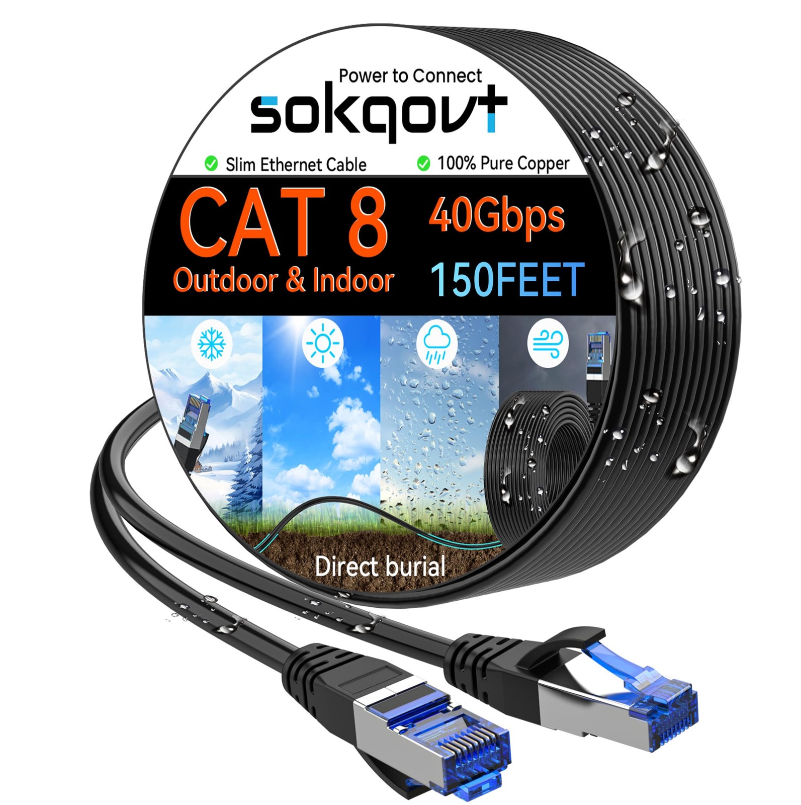 Sokqovt Cat 8 Ethernet Cable Slim 150ft Outdoor&Indoor, Pure Copper Cat8