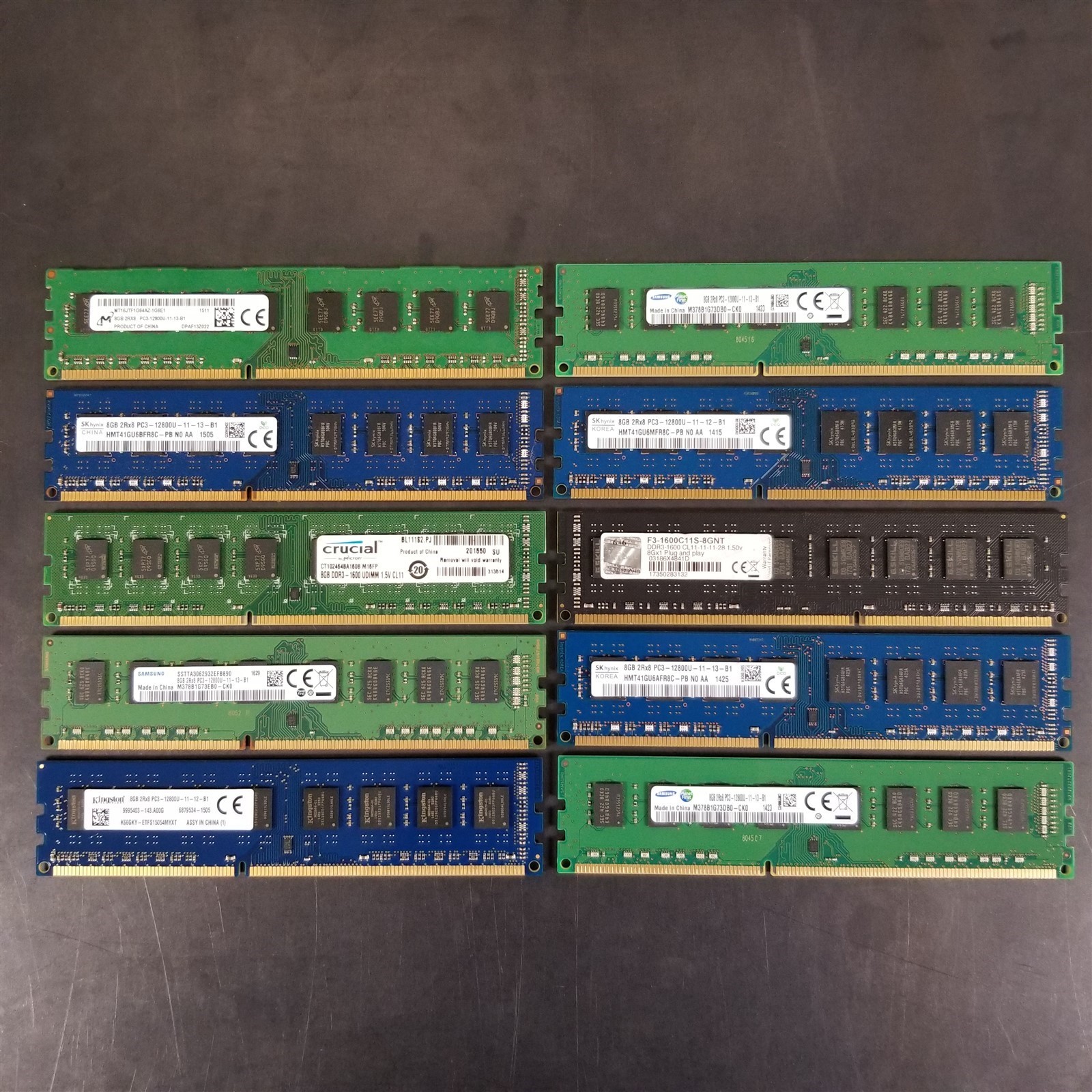Lot of 10 Mixed Major Brands 8GB PC3-12800U DDR3 1600MHz Desktop RAM TESTED