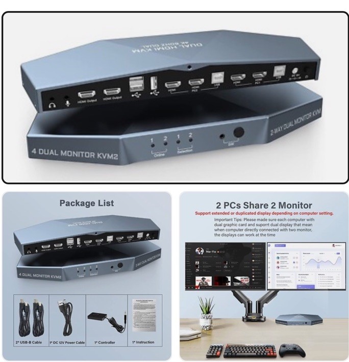 Dual Monitor KVM Switch 4K@30Hz, Support HDCP 2.2, HDMI+HDMI 4x2 Dual Monitor 