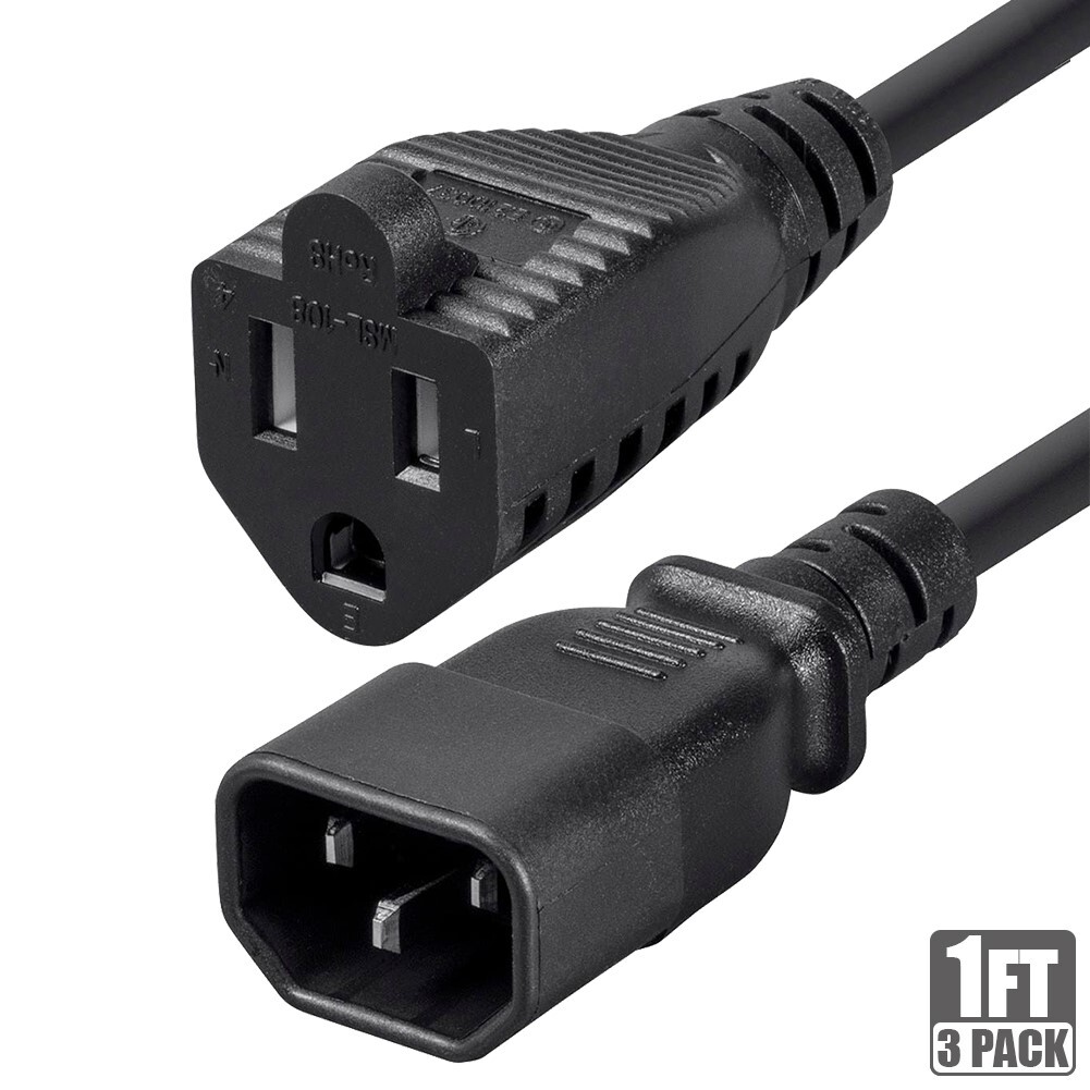 3 Pcs 1FT 18/3 Power Cord Cable IEC 60320 C14 to NEMA 5-15R 18AWG 3-Prong Black