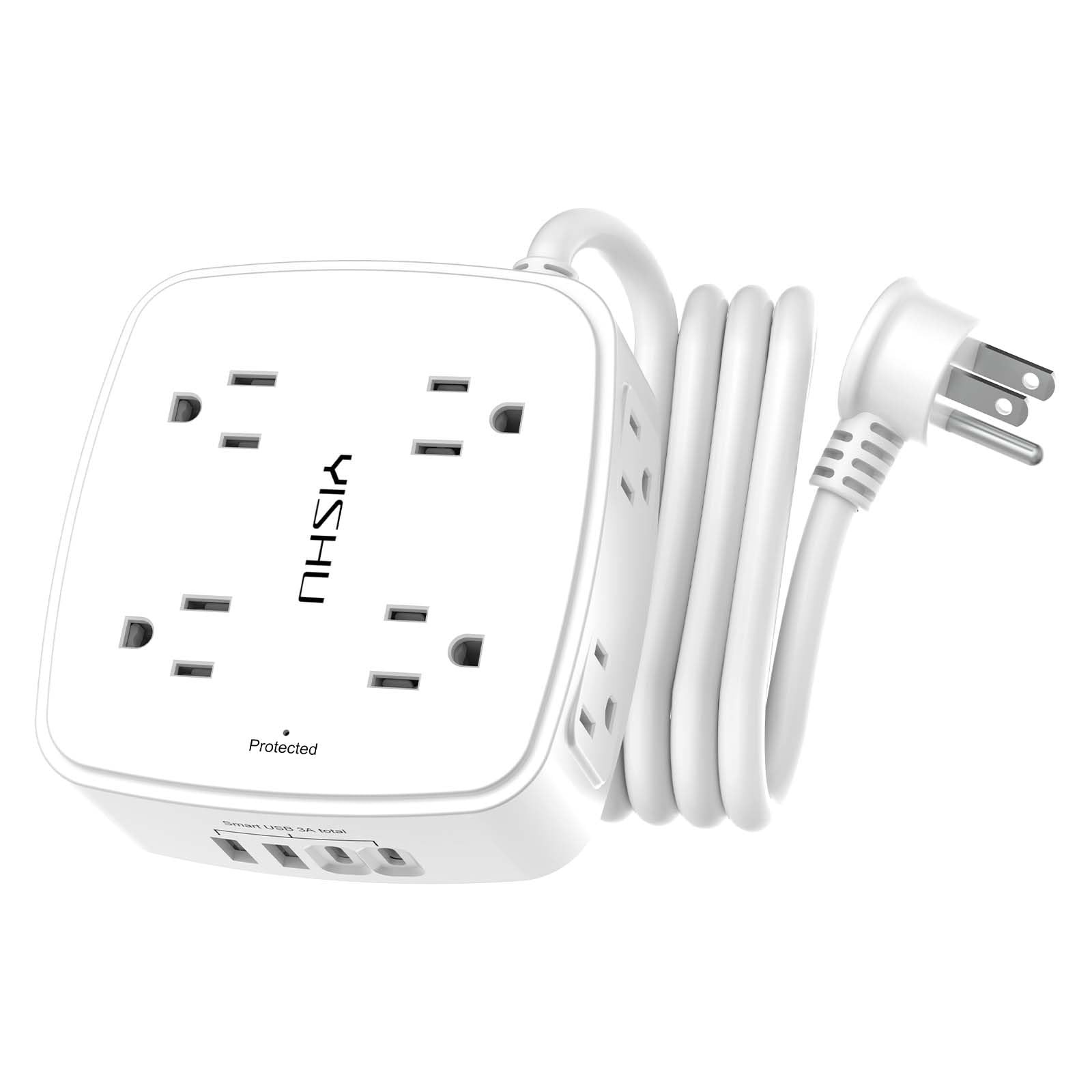 6Ft Surge Protector Power Strip 8 Widely Outlets 4 USB Ports Flat Plug White