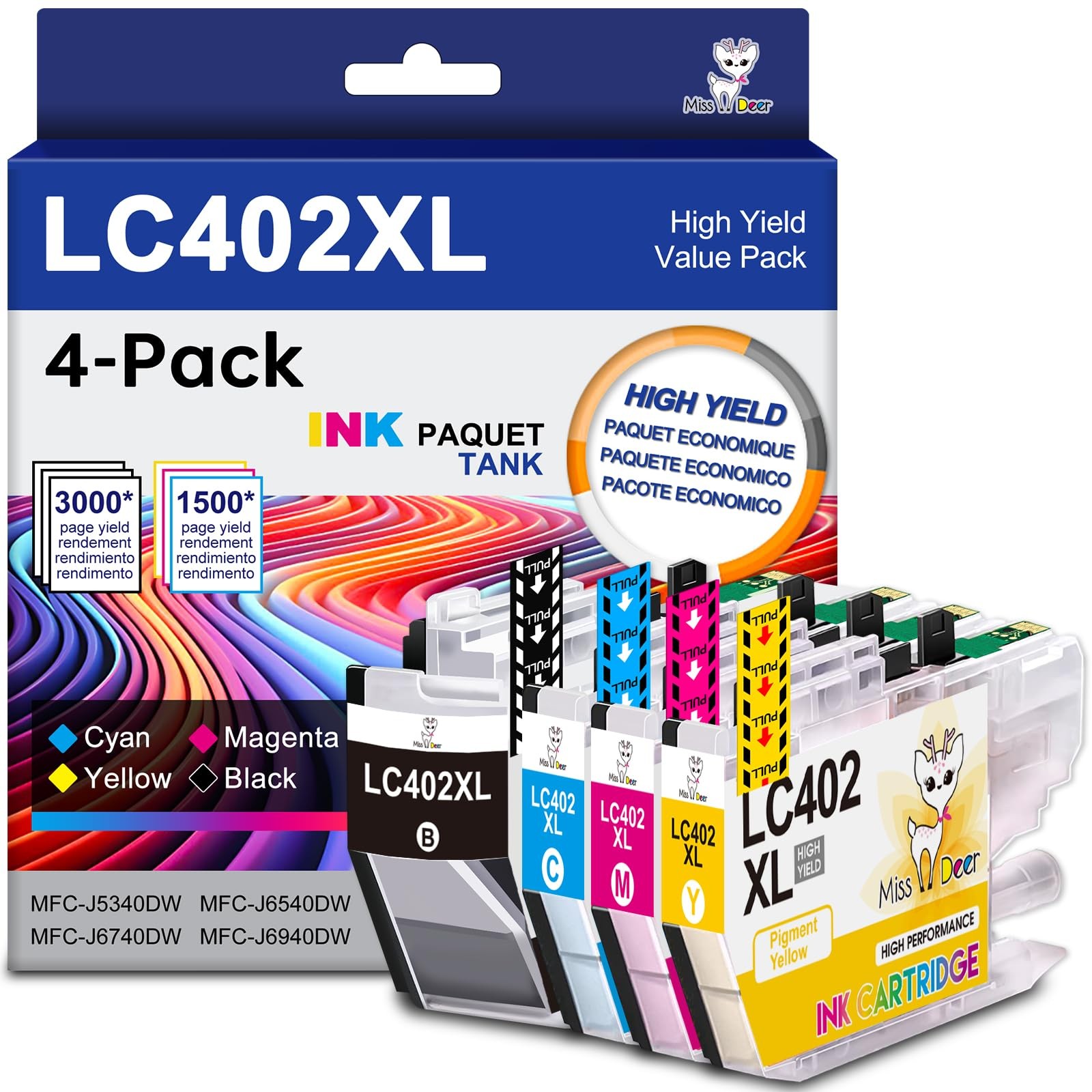 Miss Deer LC402XL Ink Cartridges 4-Pack High Yield for Brother MFC-J5340DW MFC-J