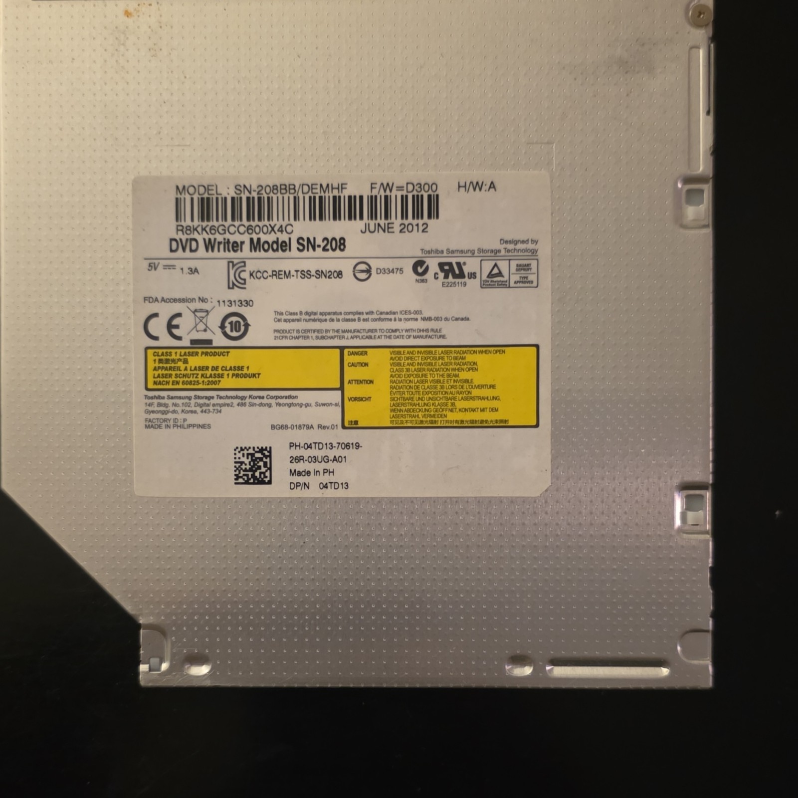 Toshiba Samsung SN-208 Internal Laptop DVD Writer SATA Black CD-R DVD-RW