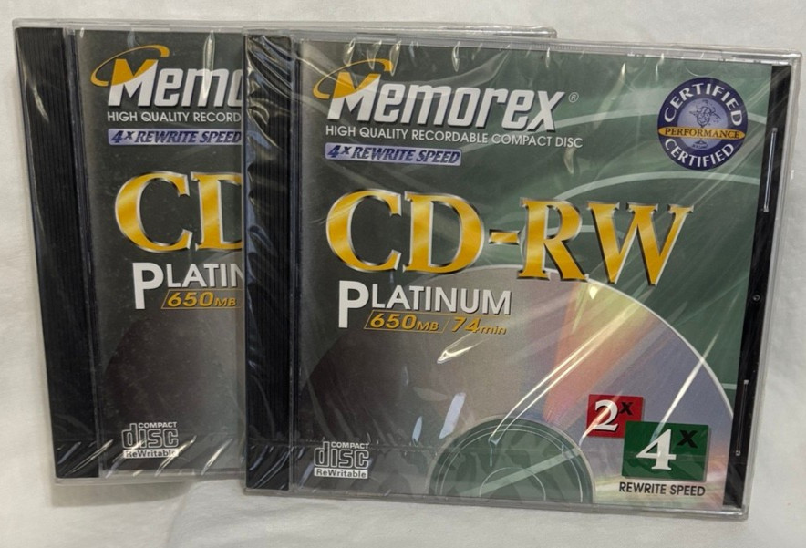 Memorex CD-RW Platinum 650MB 74 Min 2x-4x Rewritable Lot of 2 Sealed