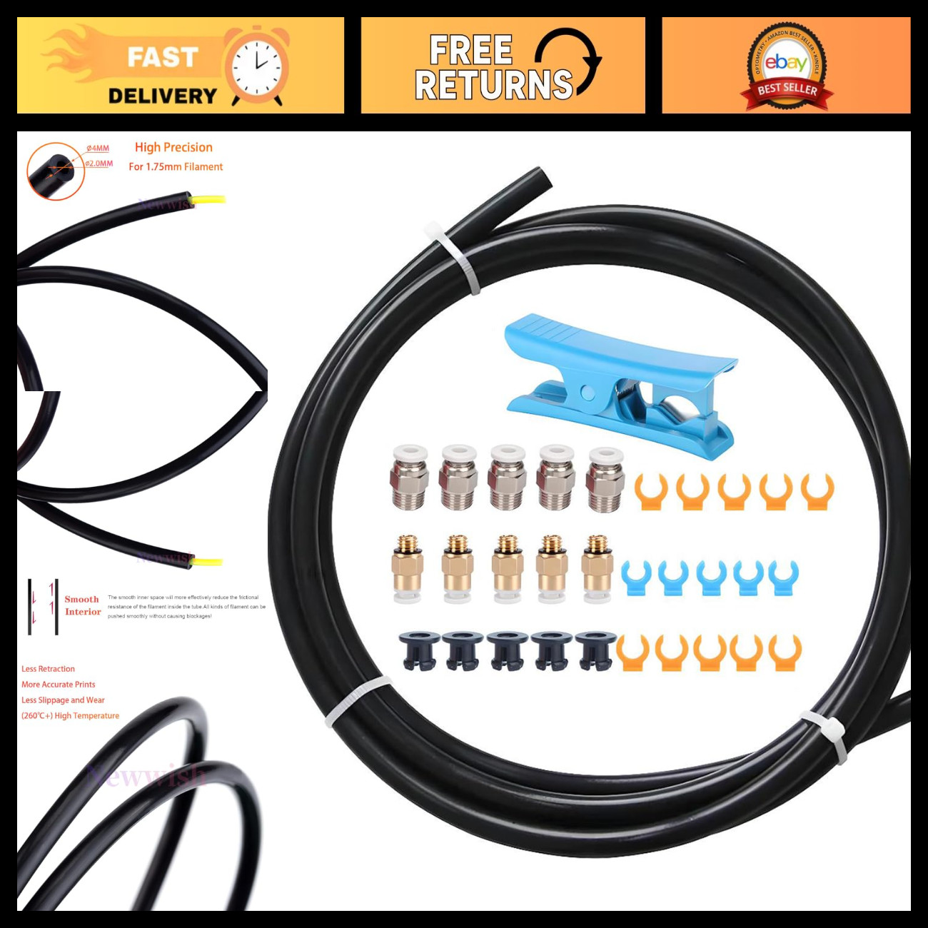 PTFE Tube Kit 3M ID 2mm OD 4mm, Black Teflon Bowden Tube for 1.75mm Filament, PC