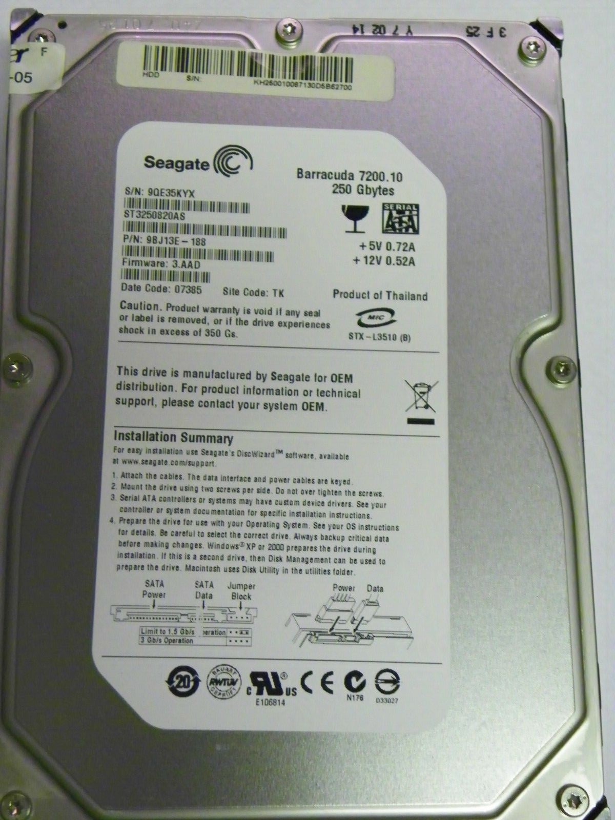 Seagate ST3250820AS P/N:9BJ13E-188 FW:3.AAD Desktop 250GB 3.5" SATA Hard Drive