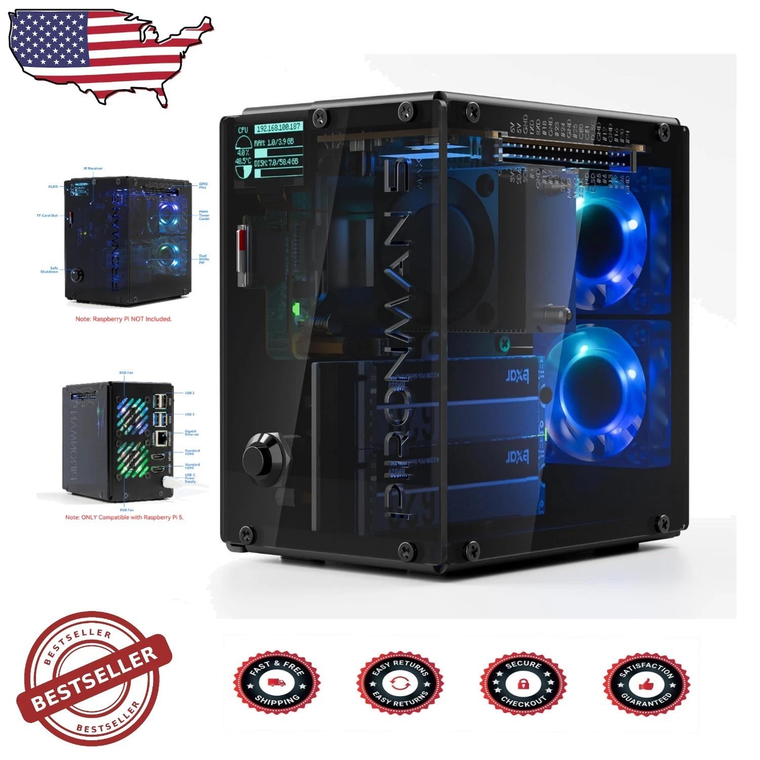 Raspberry Pi 5 Case: Pironman 5-MAX Dual NVMe M.2 RAID, Hailo-8L AI, Tower Co...