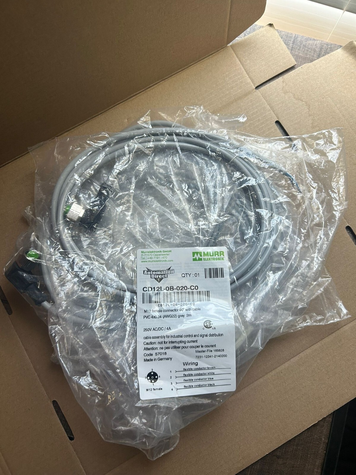 CD12L-0B-020-C0 M12 cable for quick-disconnect sensors, 12mm right-angle female
