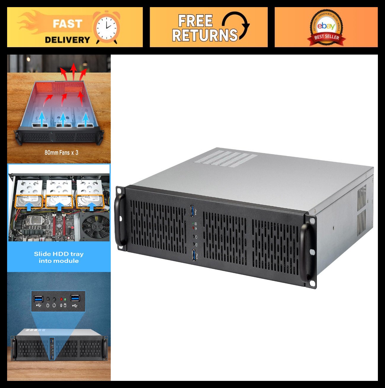 2U Rackmount Server Chassis Case | 4 x 3.5" HDD Bays | Micro-ATX | 3 PWM Fans |