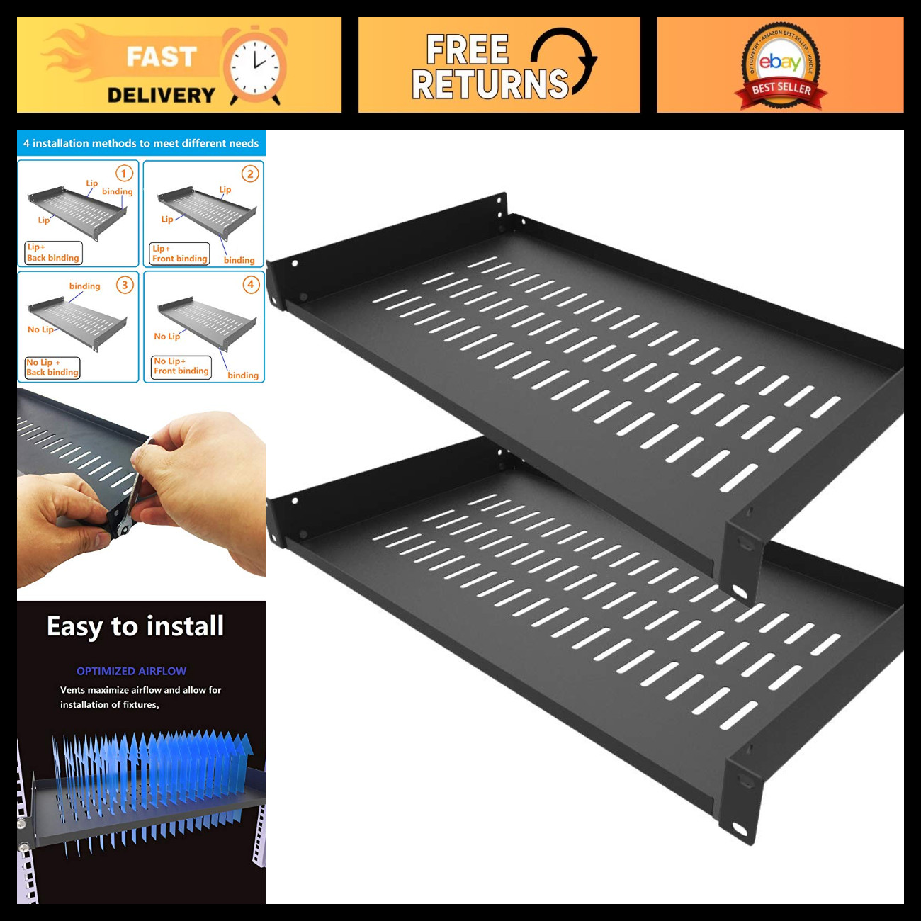 2-Pack 1U Vented Cantilever Shelf for Server Rack - 10" Deep, Heavy Duty Storage