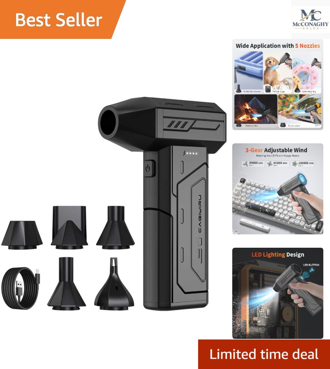 130000RPM Cordless Air Duster - Rechargeable with Adjustable Speed & LED Light