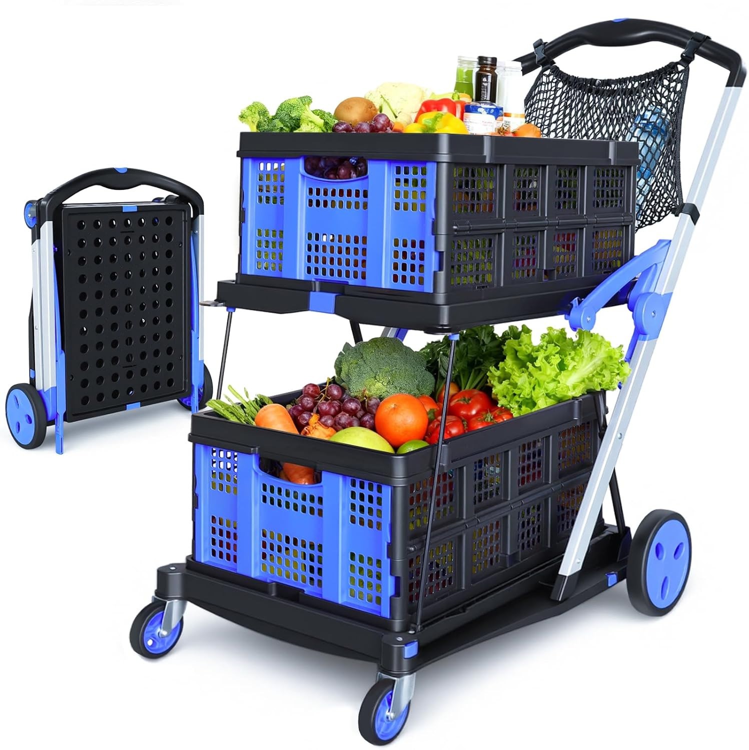 Collapsible Shopping Cart with Wheels, 2 Storage Crates & 1 Storage Bag, 200 Lbs