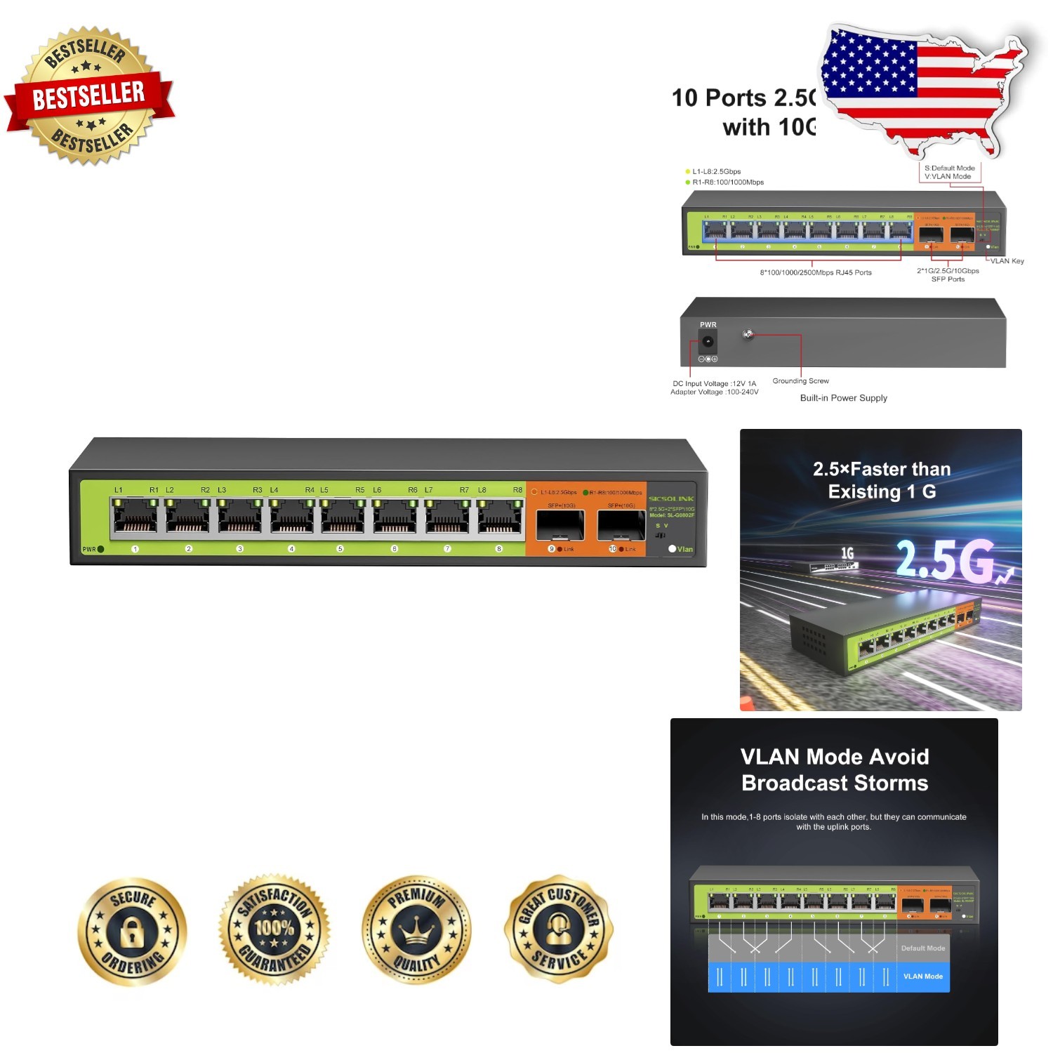 Unmanaged 10-Port Multi-Gig Switch: 8x2.5G RJ45, 2x10G SFP+, Desktop/Wall Mount