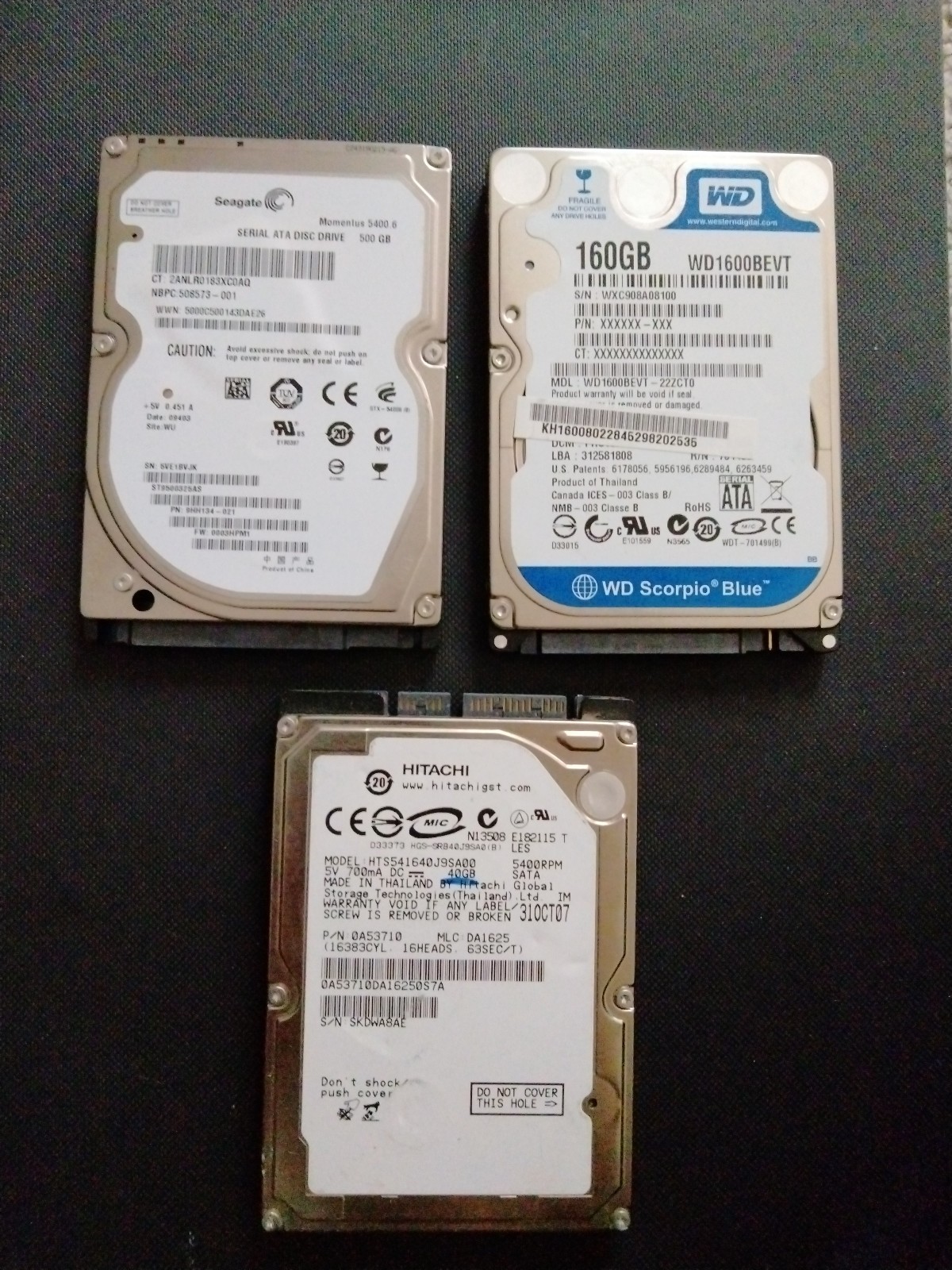 Lot of 3 Hitachi Seagate Western Digital 2.5 Inch SATA HDDs