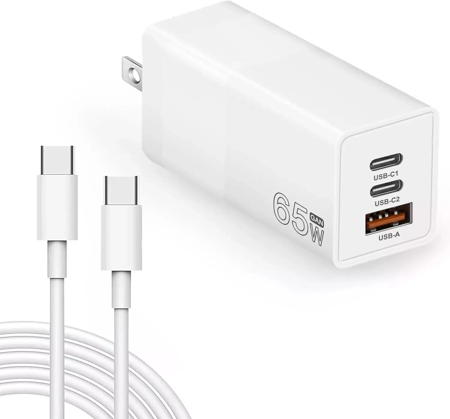 65W USB C Wall Charger GaN 3-Port Fast Compact Foldable Adapter with USB-C Cable