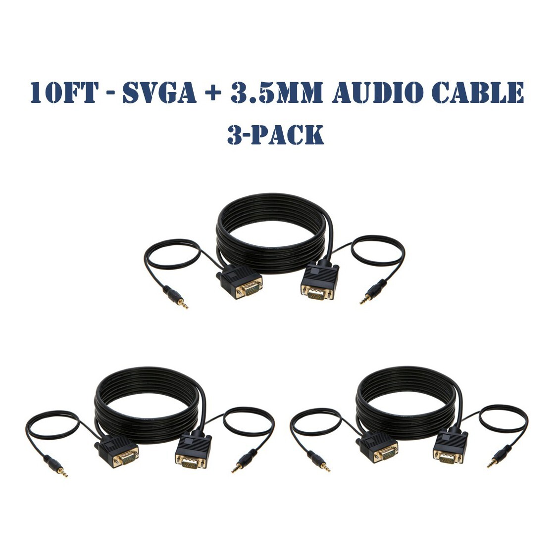10FT SVGA Video Cable + 3.5mm Audio Aux Jack M/M PC Display Monitor Cord- 3-Pack