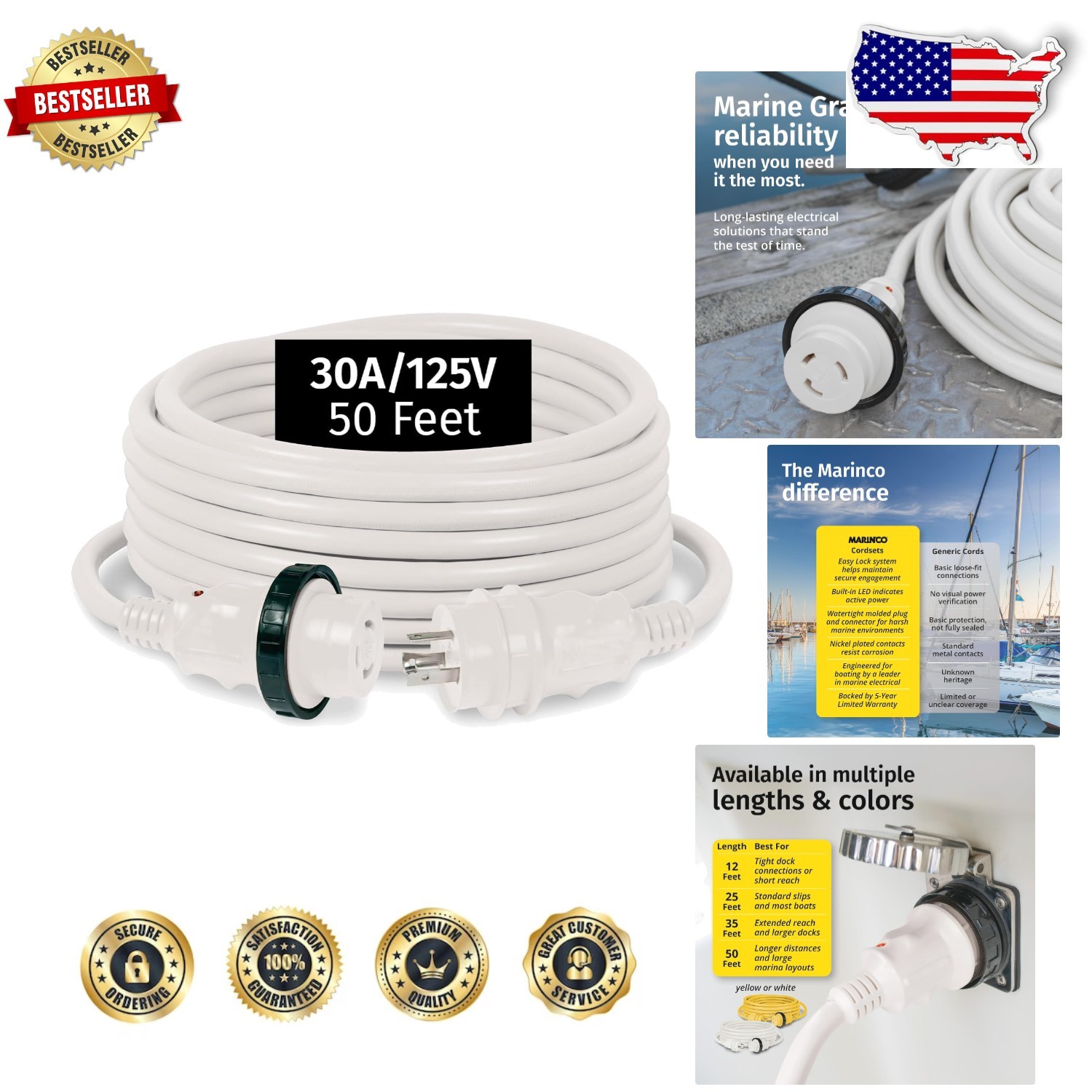 Heavy Duty 30 Amp 125V 50ft White Power Cord - Watertight, Marine, LED Indicator