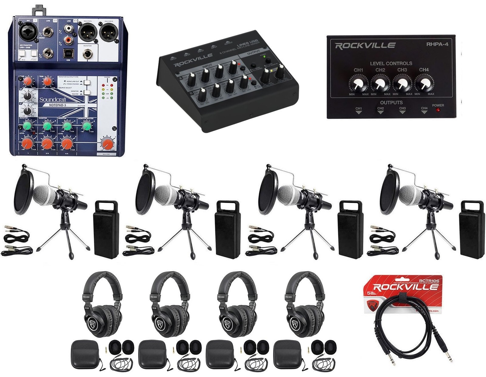 Soundcraft 4-Person Podcast Podcasting Recording Kit w/Mics+Stands+Headphones