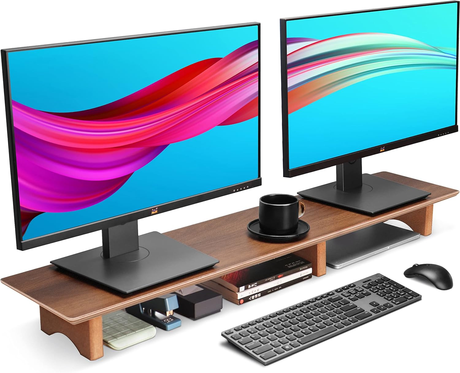 43 Inch Black Walnut Finish Dual Monitor Stand for Desk, Cork Legs