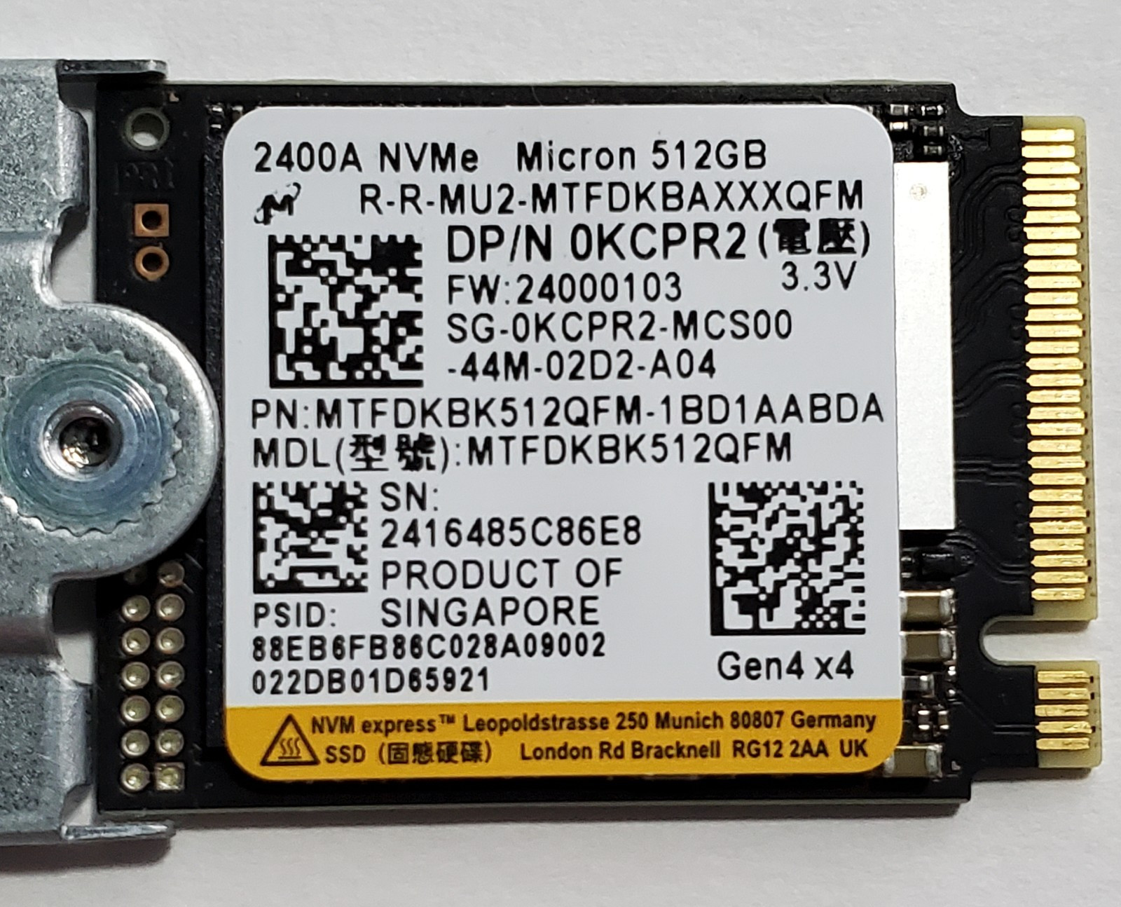 Dell Micron 512GB NVMe M.2 2400A SSD Solid State Drive MTFDKBK512QFM  0KCPR2