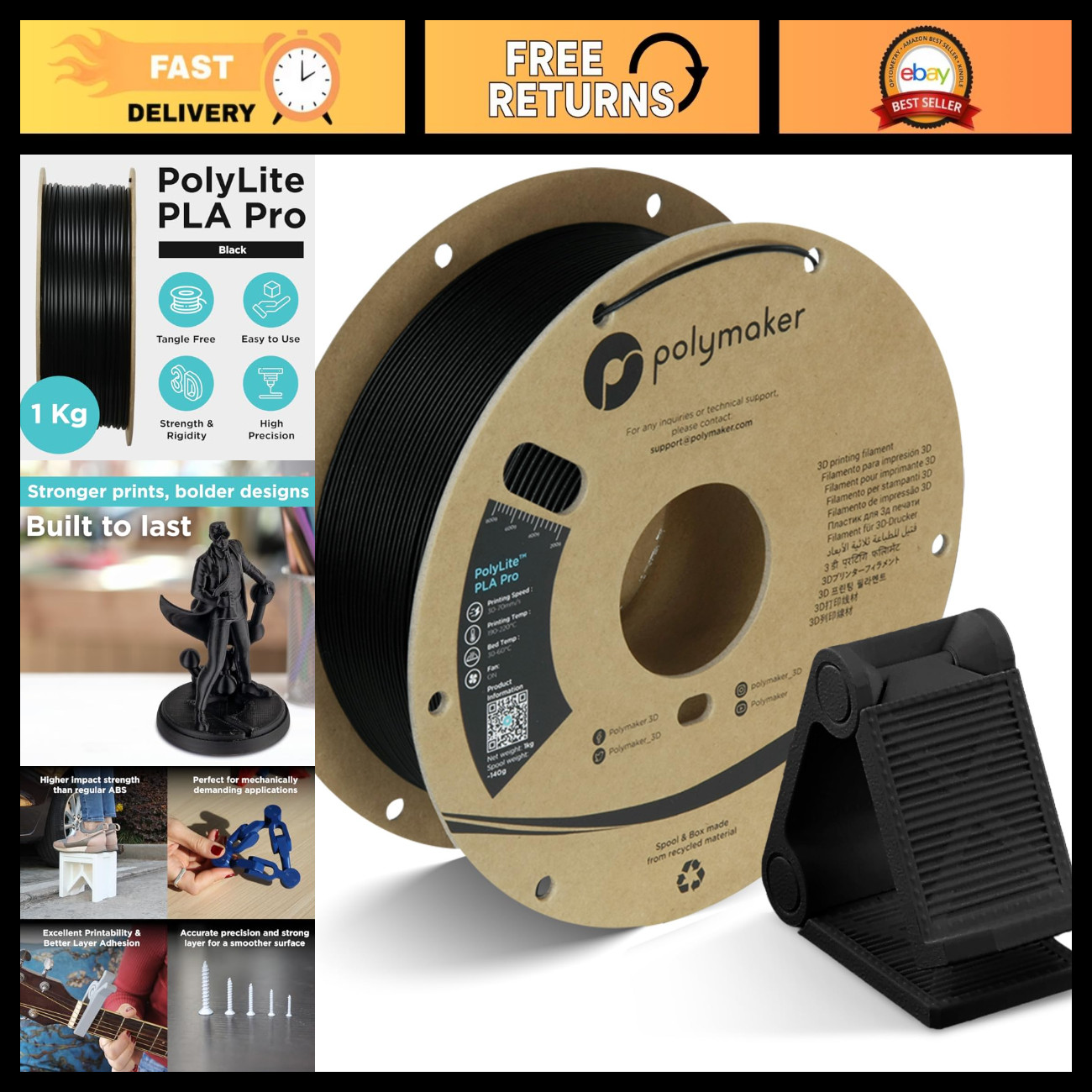 1.75mm Black PLA Pro Filament 1KG - High-Quality 3D Printing Material, Durable &