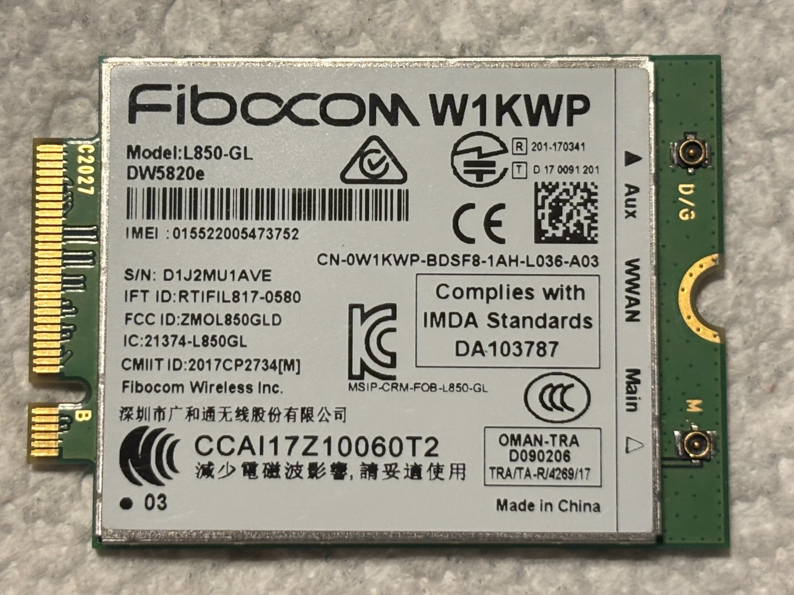 W1KWP Fibocom LTE/WCDMA 4G WWAN Wireless Card A02 L850-GL DW5820e Dell