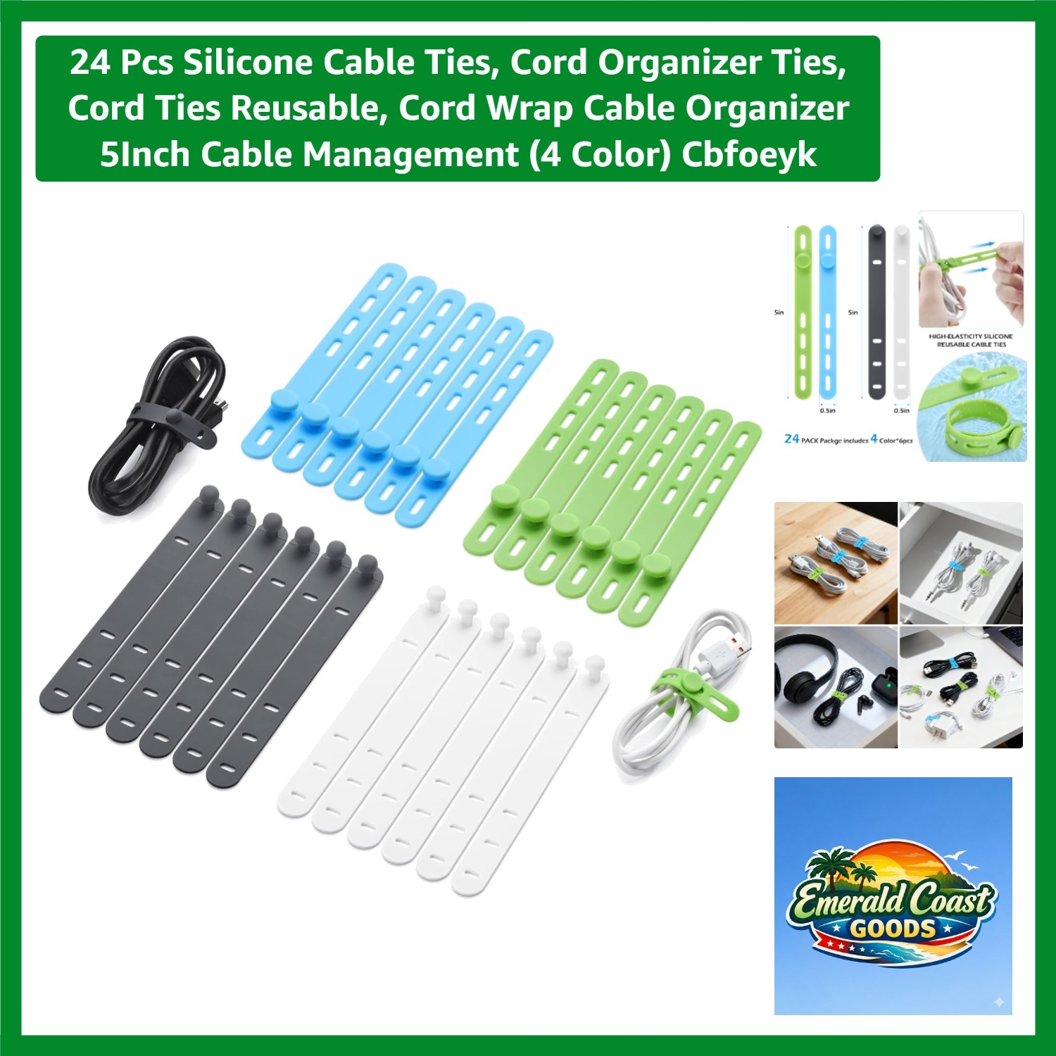 Versatile 24 Silicone Cord Organizer Ties - 5-Inch for All Your Cable Needs