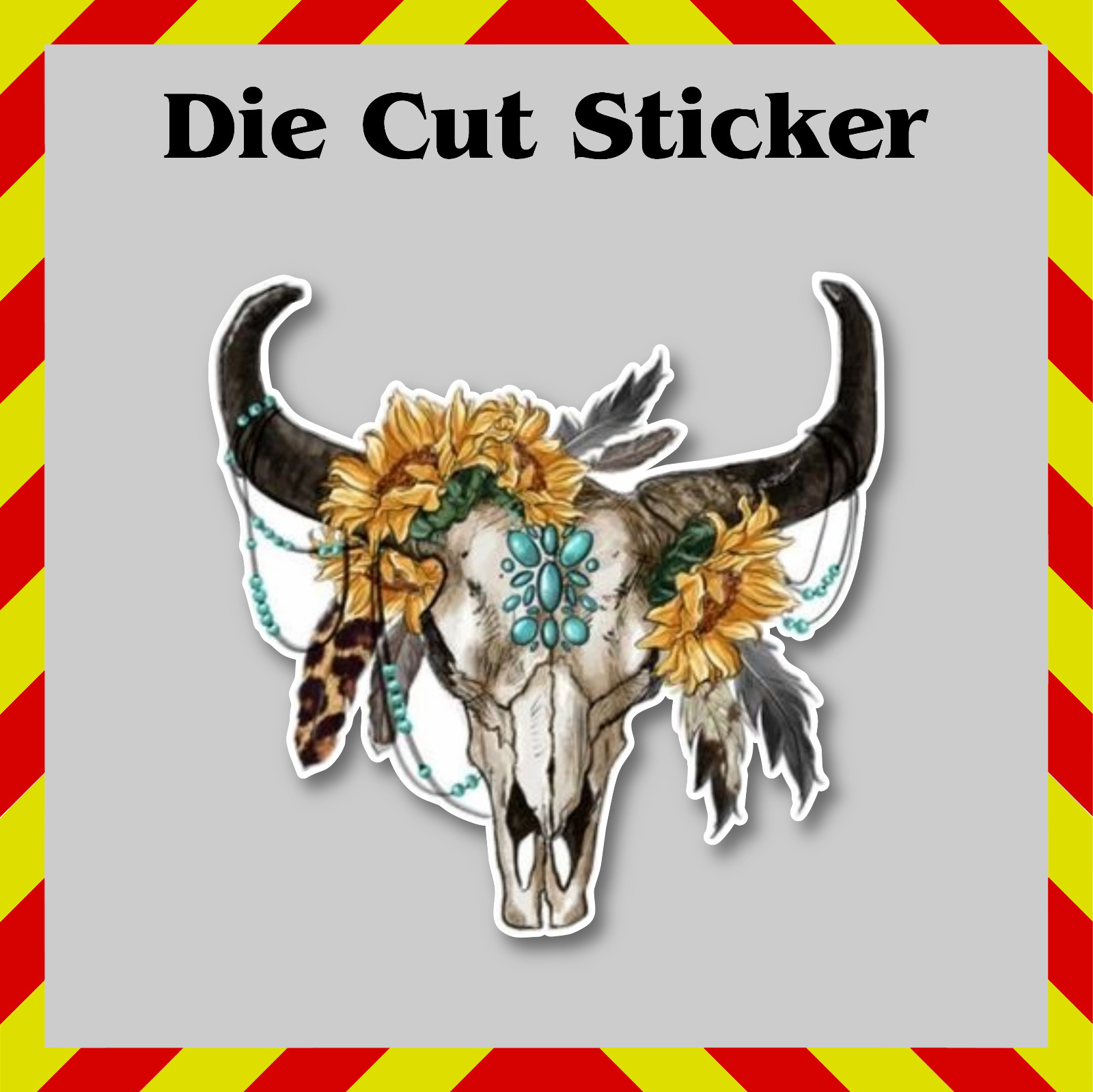 Boho Cow & Sunflowers Sticker, Bohemian Cattle Skull Decal, Highland & Nature