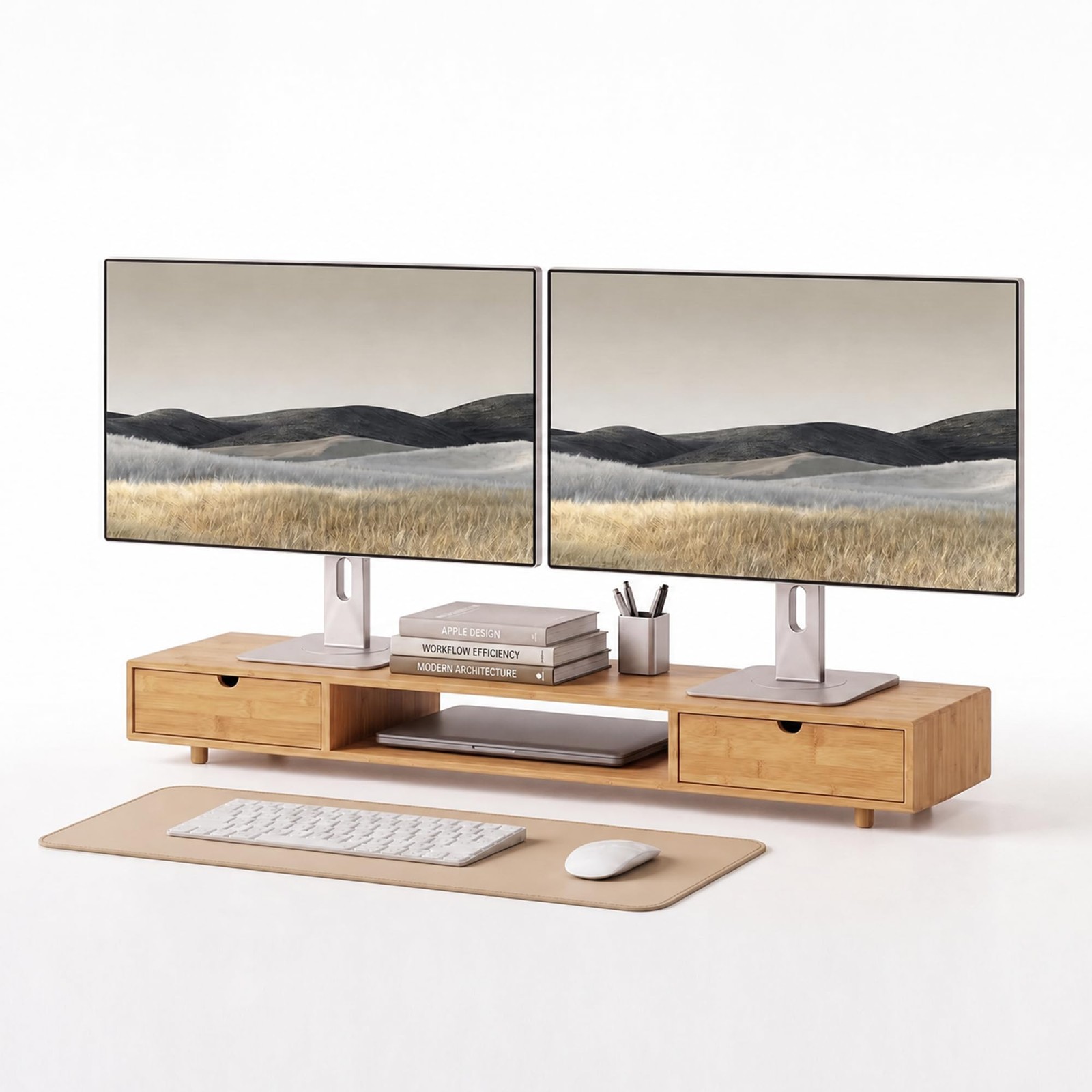 ROCDEER Bamboo Dual Monitor Stand, Natural Desk Shelf with 2 Drawers
