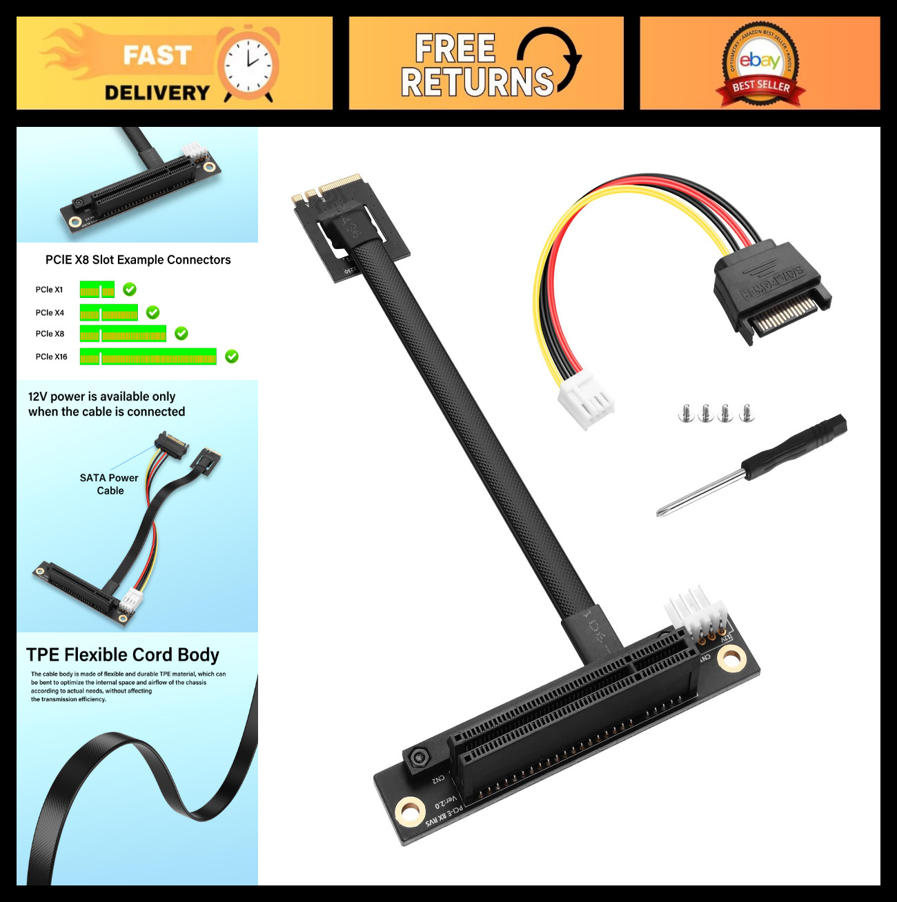 M.2 NGFF Key A+E to PCIe X8 Extender Cable, M.2 to PCI-E 8X Riser Adapter 2230