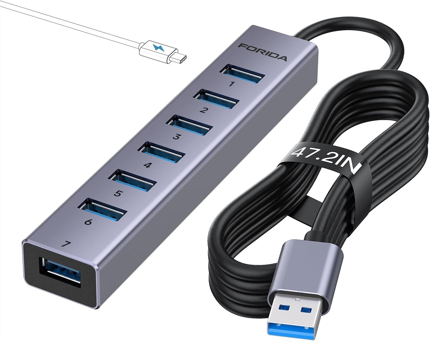 Aluminum Alloy 8 Port USB Hub Long Cable USB Splitter with 7-USB3.0 Data Ports a