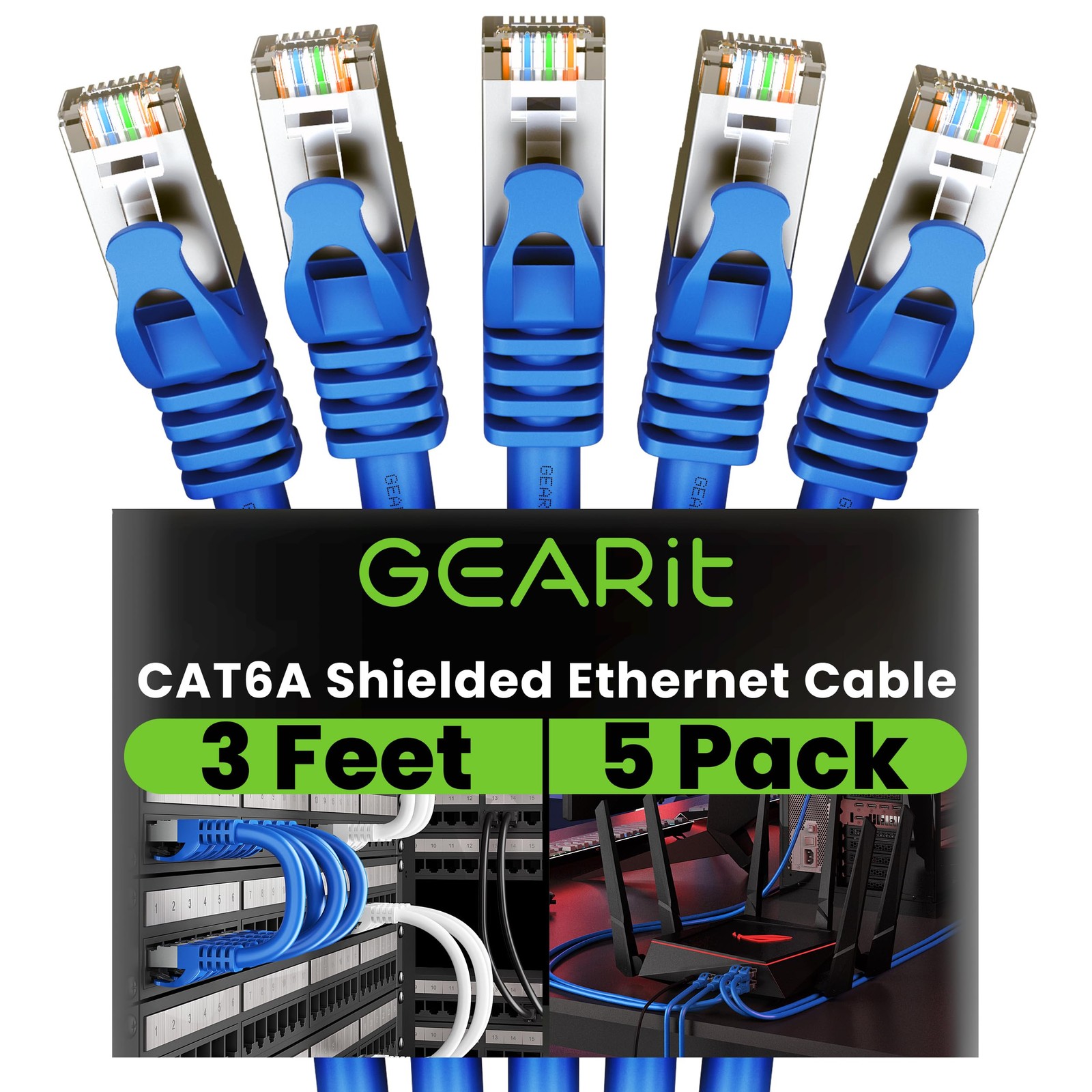 Cat6A Ethernet Cable 3 FT 5 PCS Blue 10Gbps Snagless Shielded SSTP 26AWG