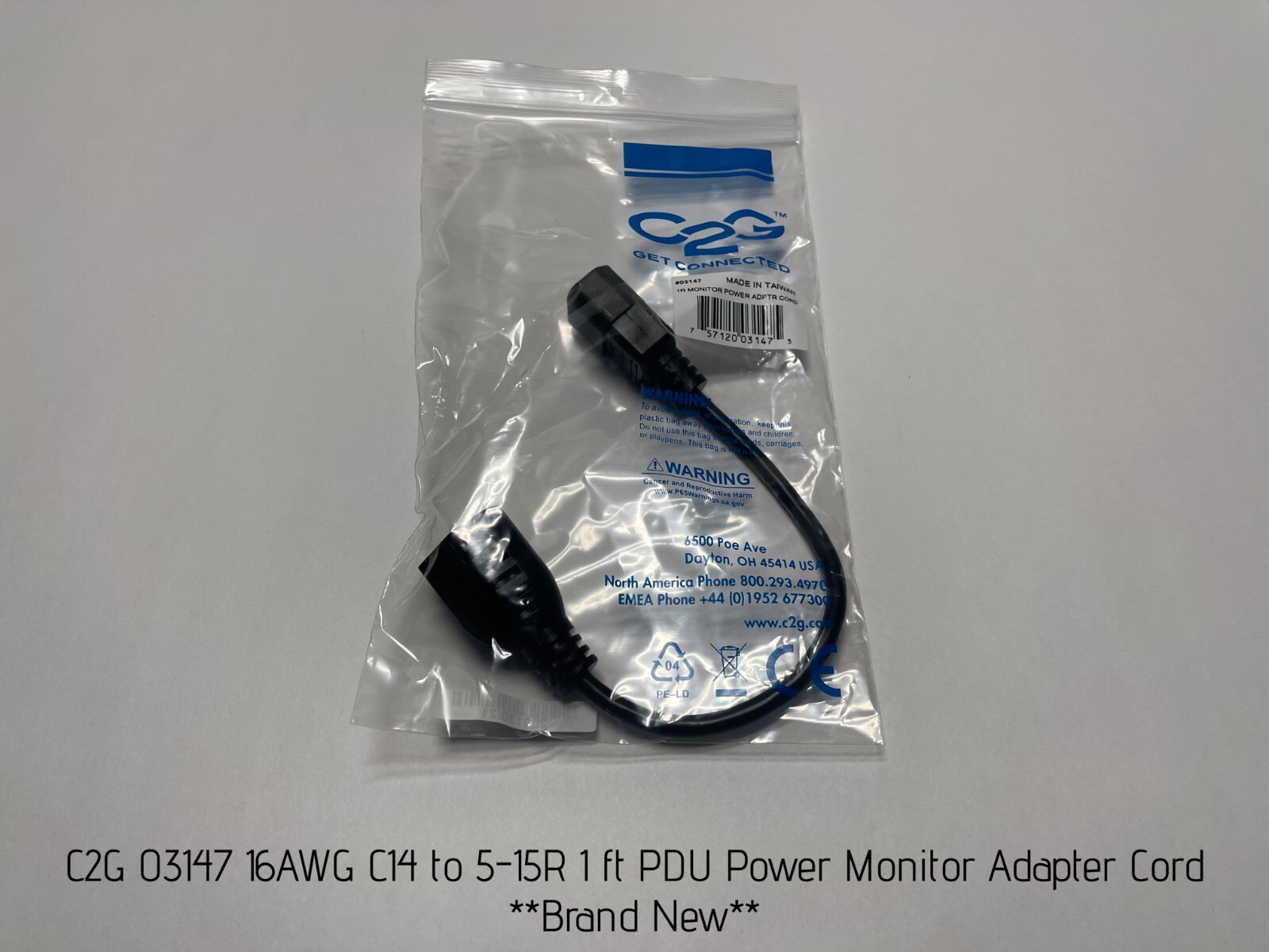C2G 03147 16AWG C14 to 5-15R 1 ft PDU Power Monitor Adapter Cord **Brand New**