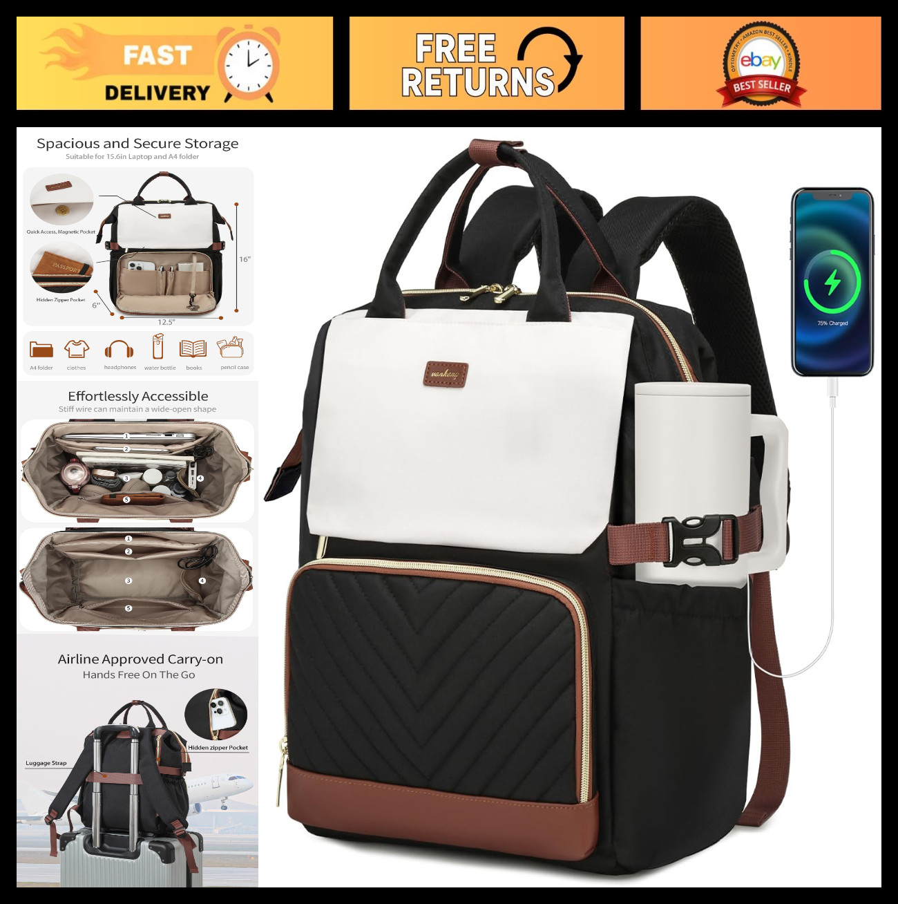 Stylish Laptop Backpack for Women, Work & Travel Bag with USB Charger & Cup Hold