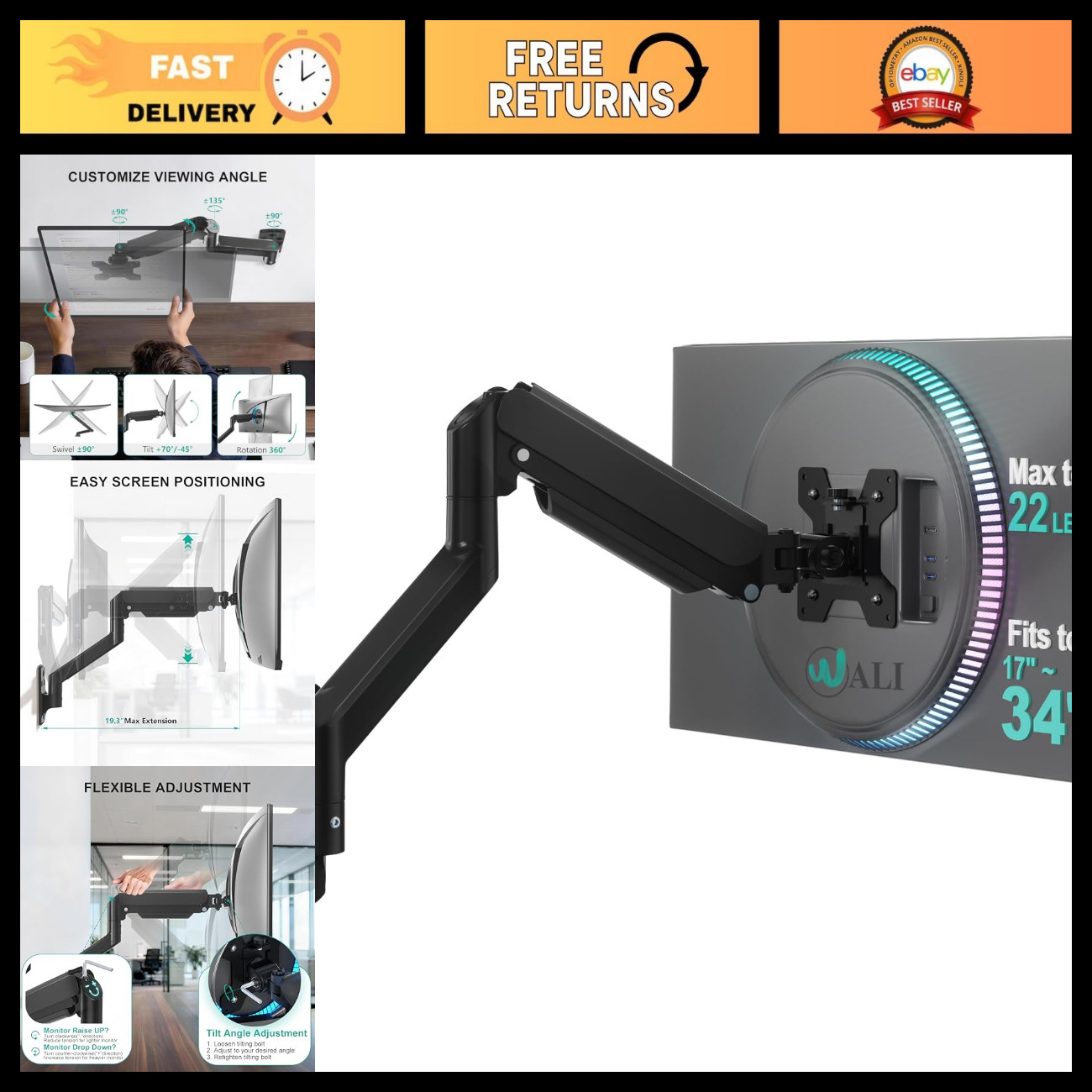 Adjustable Single Monitor Wall Mount for 17-34" Screens, Holds Up to 22 lbs