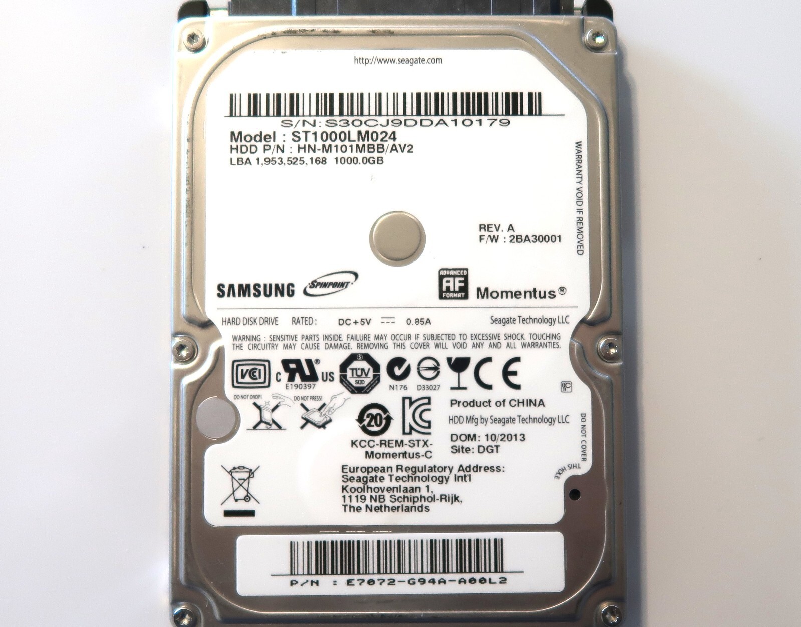 Samsung ST1000LM024 HN-M101MBB/AV2 2BA30001 (S30) E7072-G94A 2.5" 1TB 10/2013