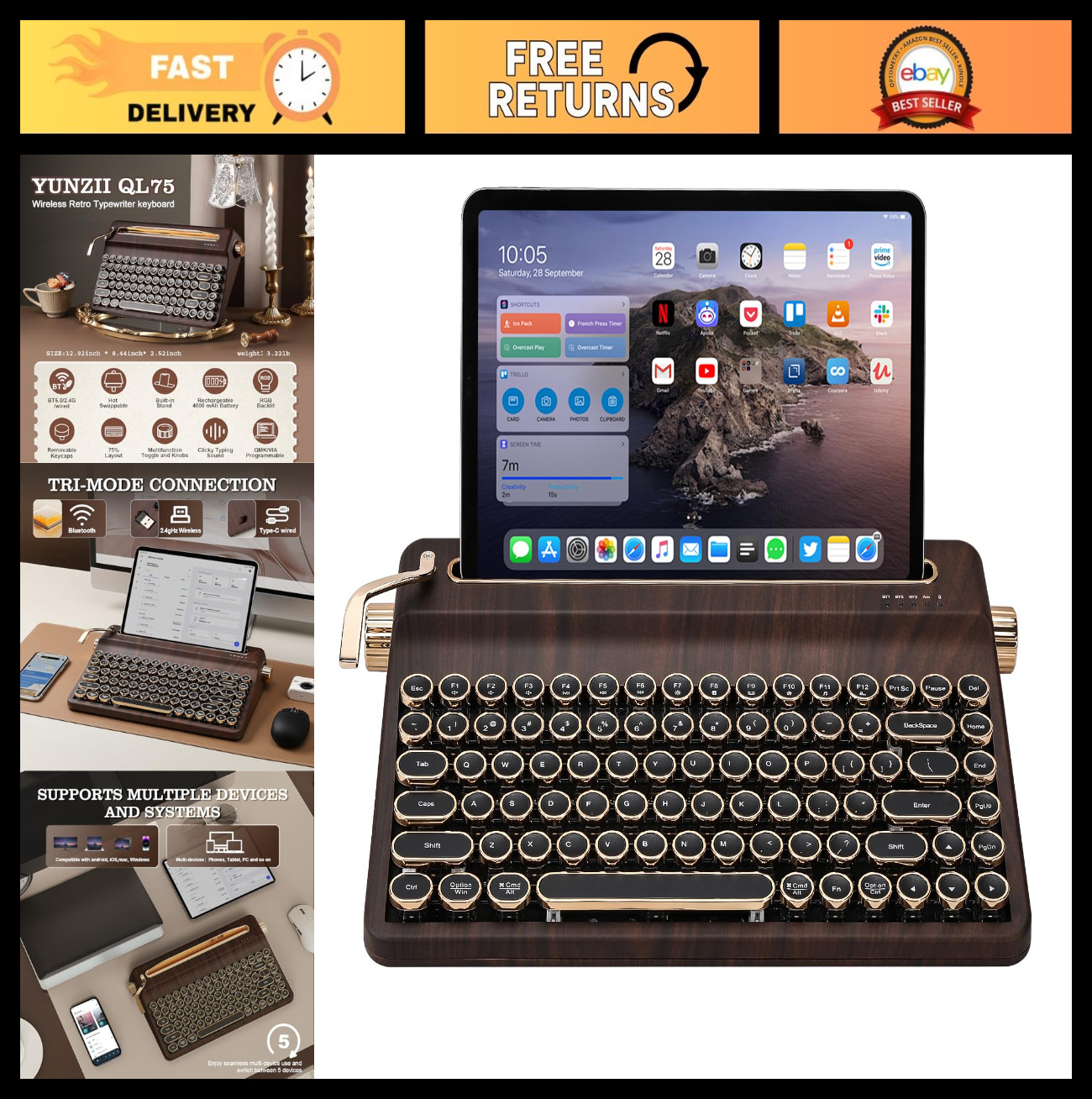 Wireless Retro Mechanical Keyboard, Hot Swap Round Keycaps, RGB Backlit, Multi-D
