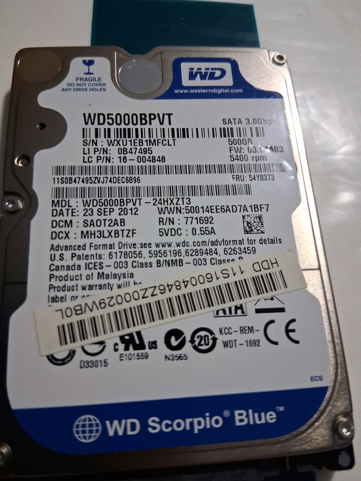 Western Digital WD Scorpio Blue 500GB 2.5" SATA HDD WD5000BPVT 5400RPM