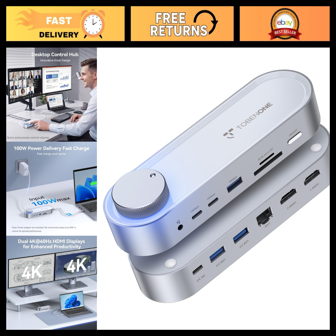 USB C Laptop Docking Station Dual Monitor, 100W Power Delivery, 5x USB 10Gbps Po